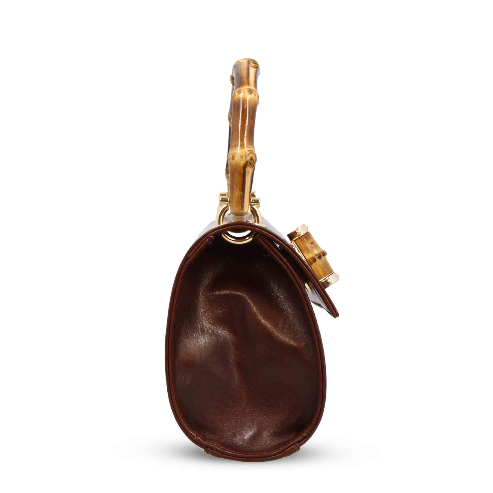 Sac à main pour femme en cuir marron foncé fait main avec poignée en bambou