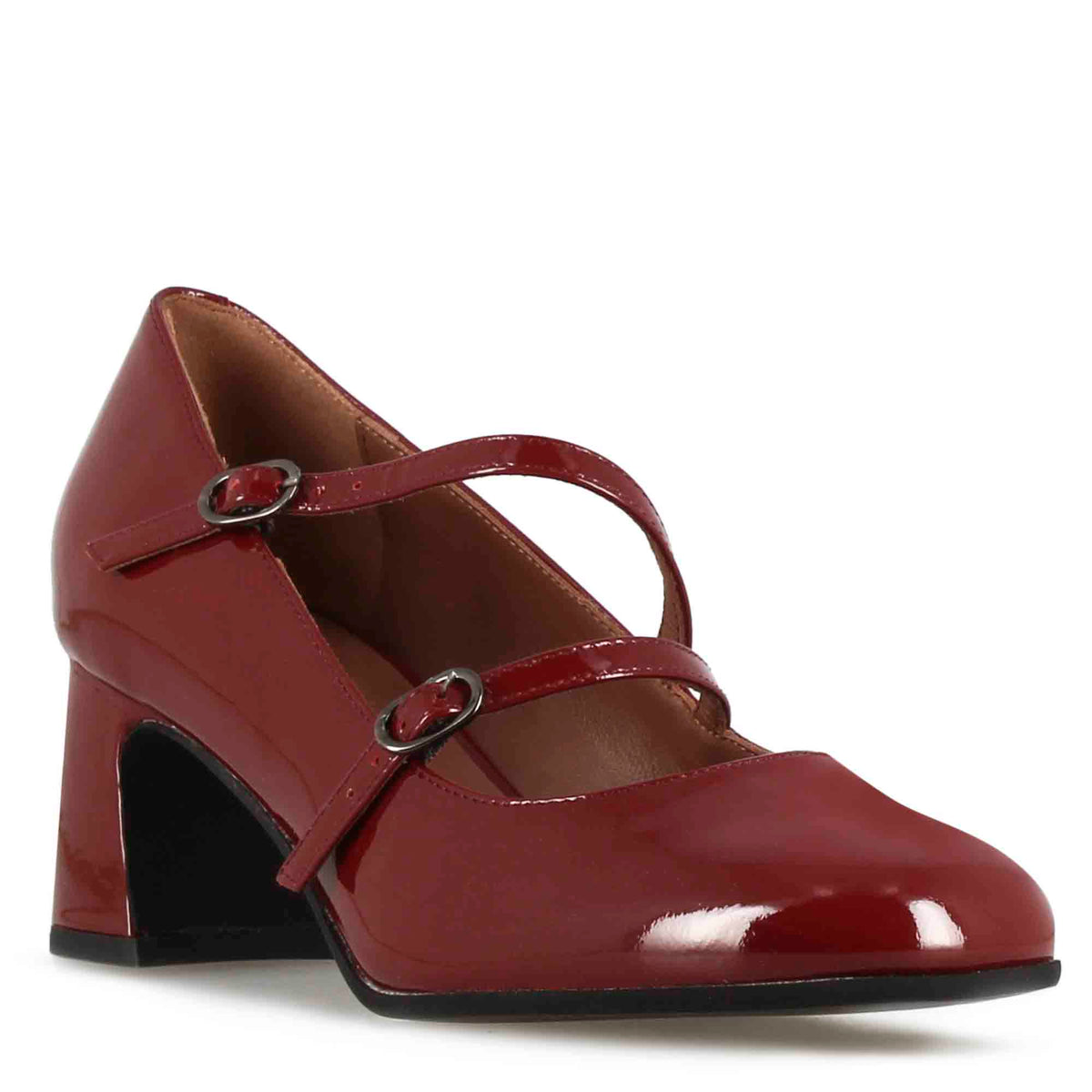 Mary Jane décolleté in burgundy patent leather with double strap