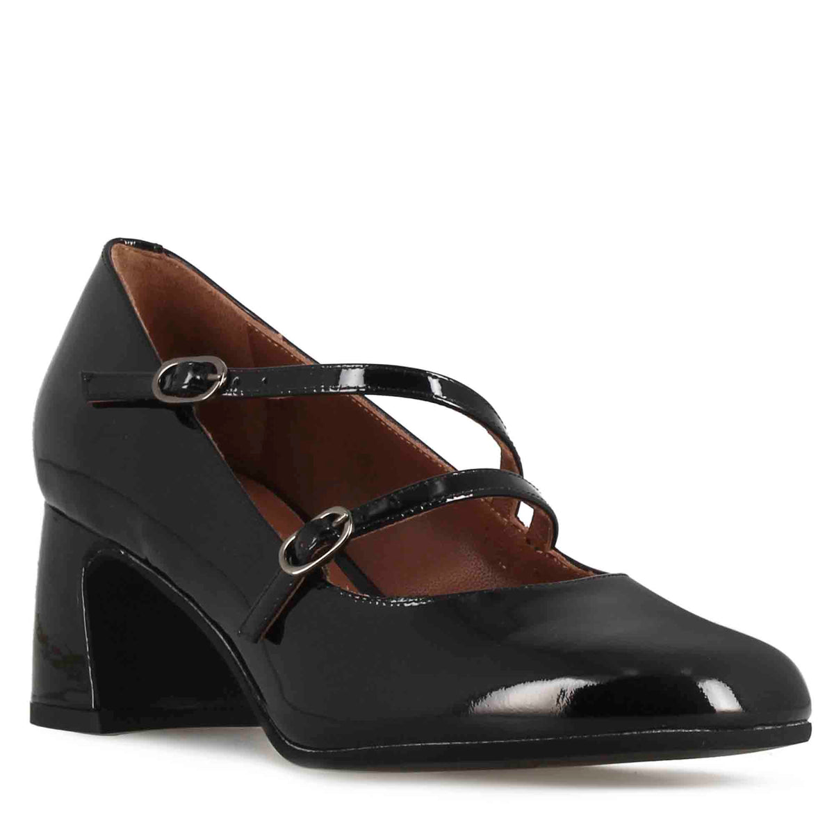 Mary Jane décolleté in black patent leather with double strap