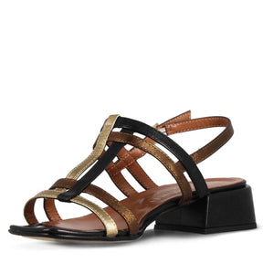 Women's sandal with black and gold leather bands