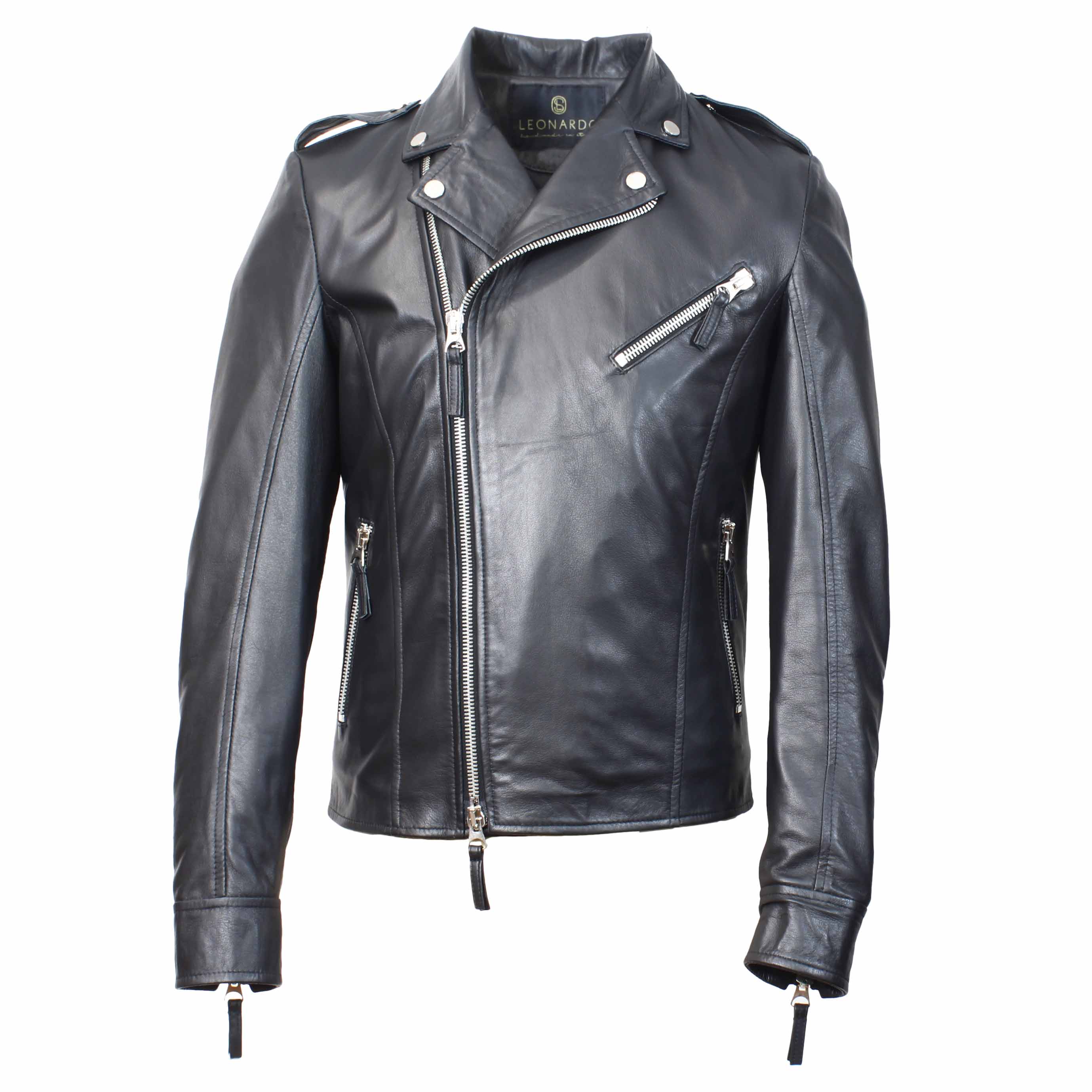 Handmade men's Riders jacket in black <tc>LEATHER</tc> lambskin with zip closure