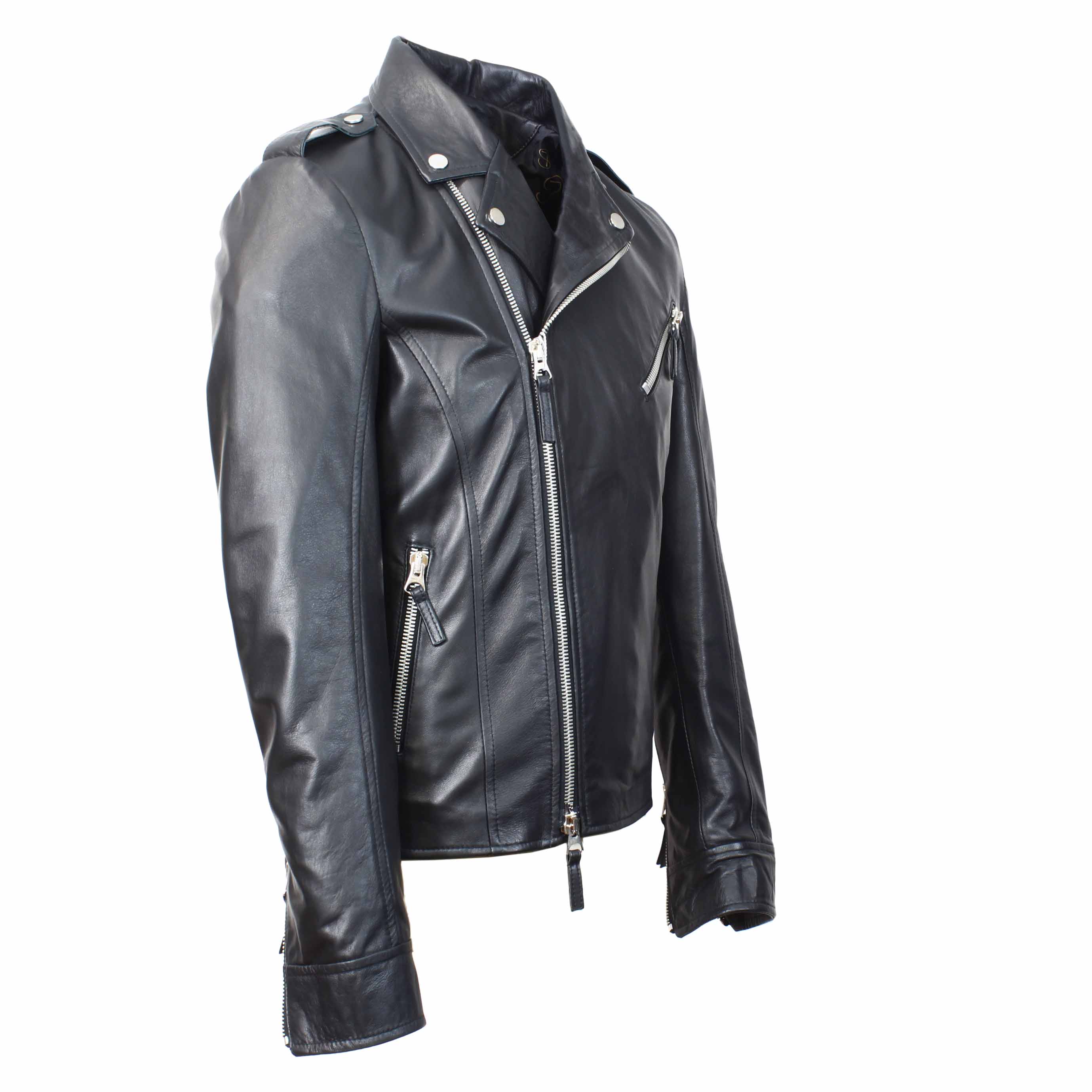 Handmade men's Riders jacket in black <tc>LEATHER</tc> lambskin with zip closure