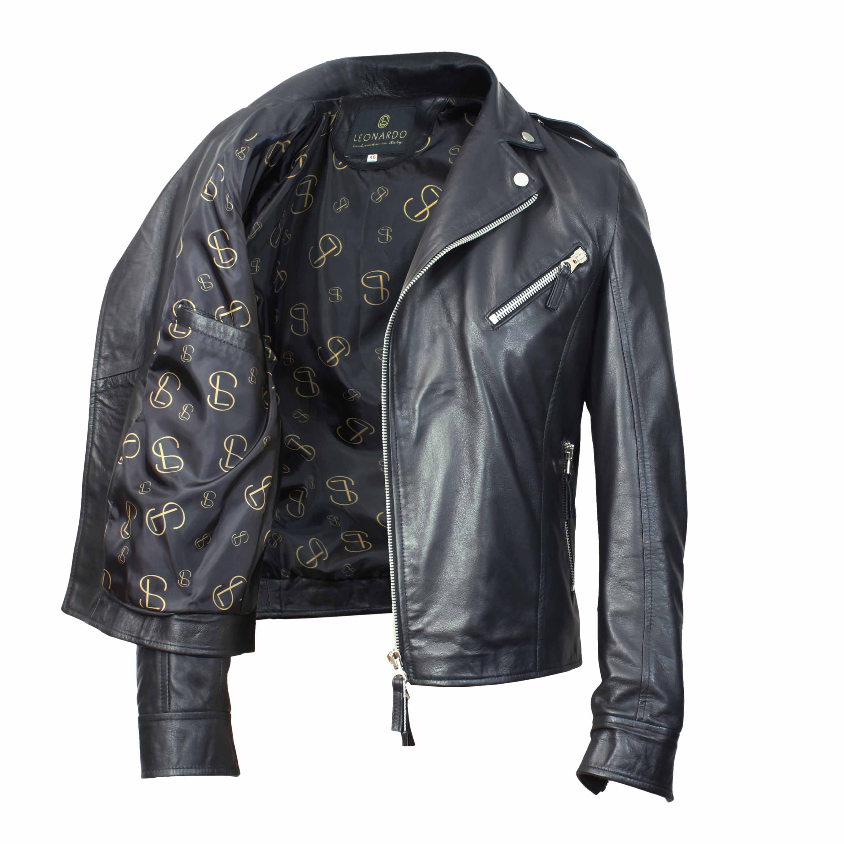 Handmade men's Riders jacket in black <tc>LEATHER</tc> lambskin with zip closure