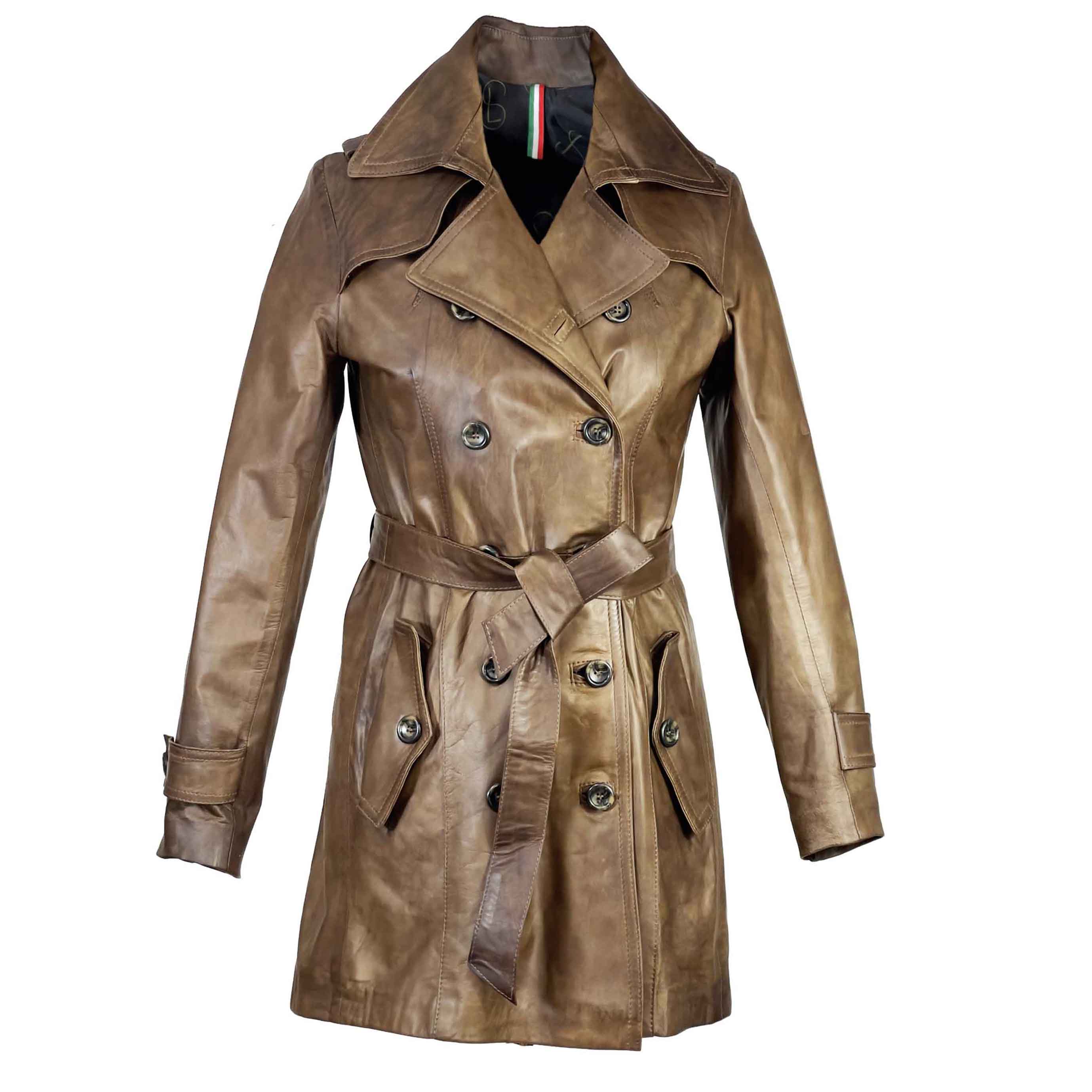 Women's trench style jacket in high quality brown leather