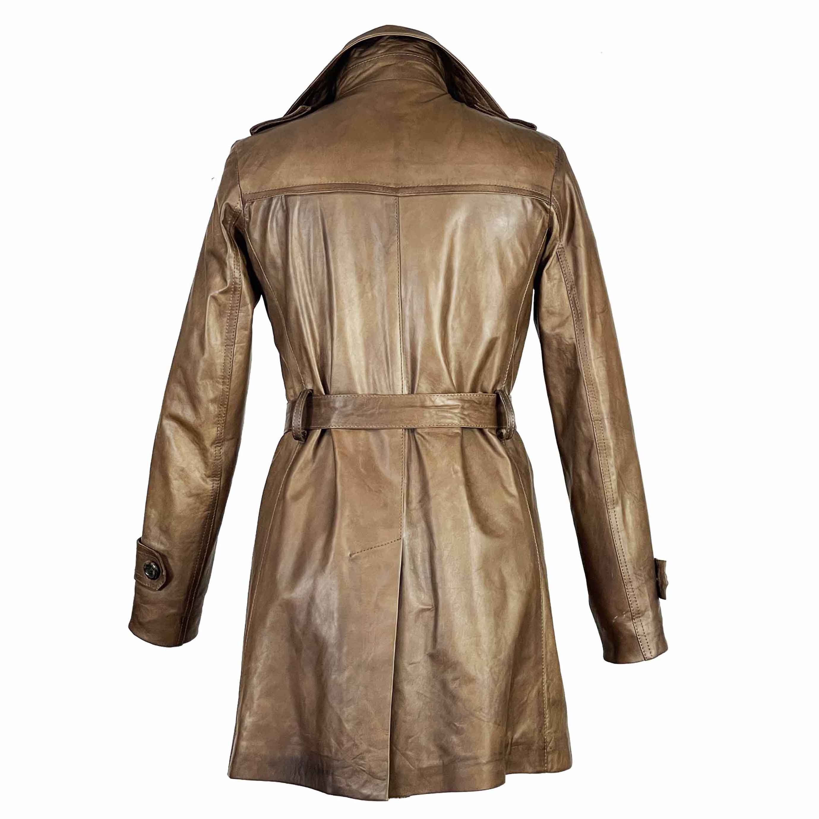 Women's trench style jacket in high quality brown leather