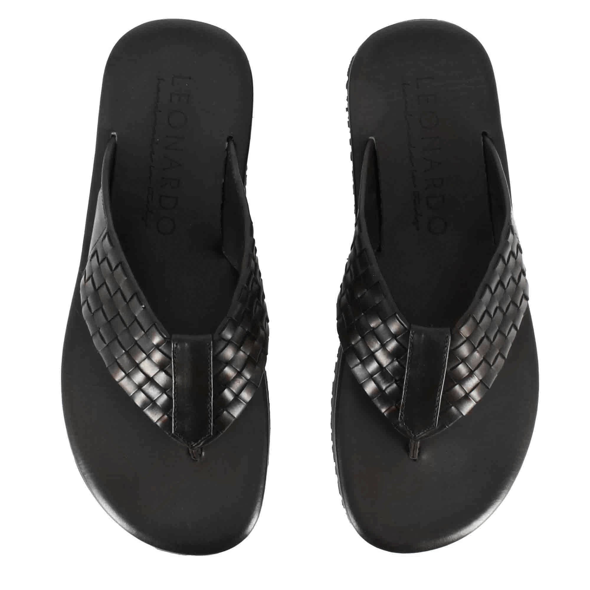 Handmade black braided leather men's flip flops