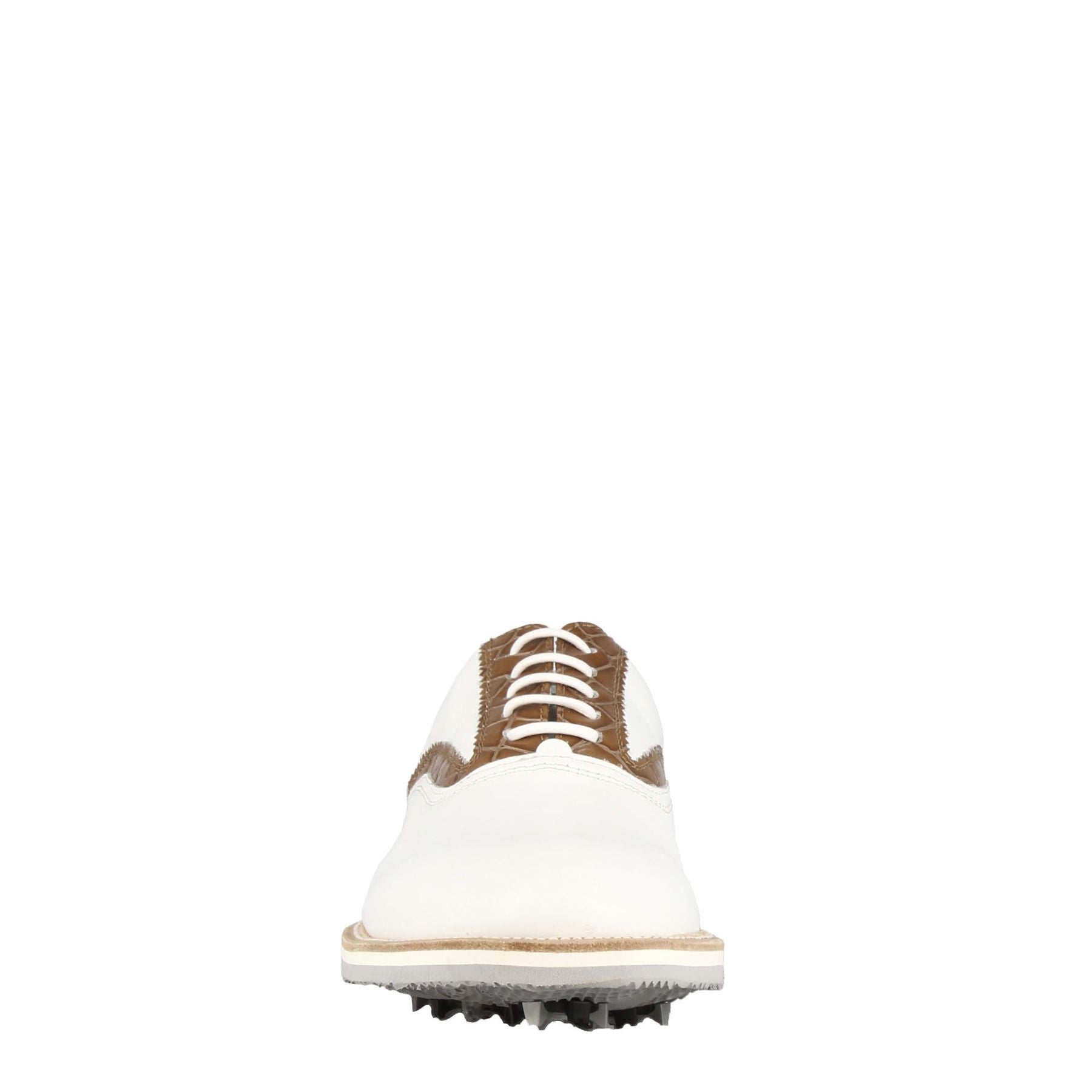 Handcrafted women's golf shoes in white leather with light brown details