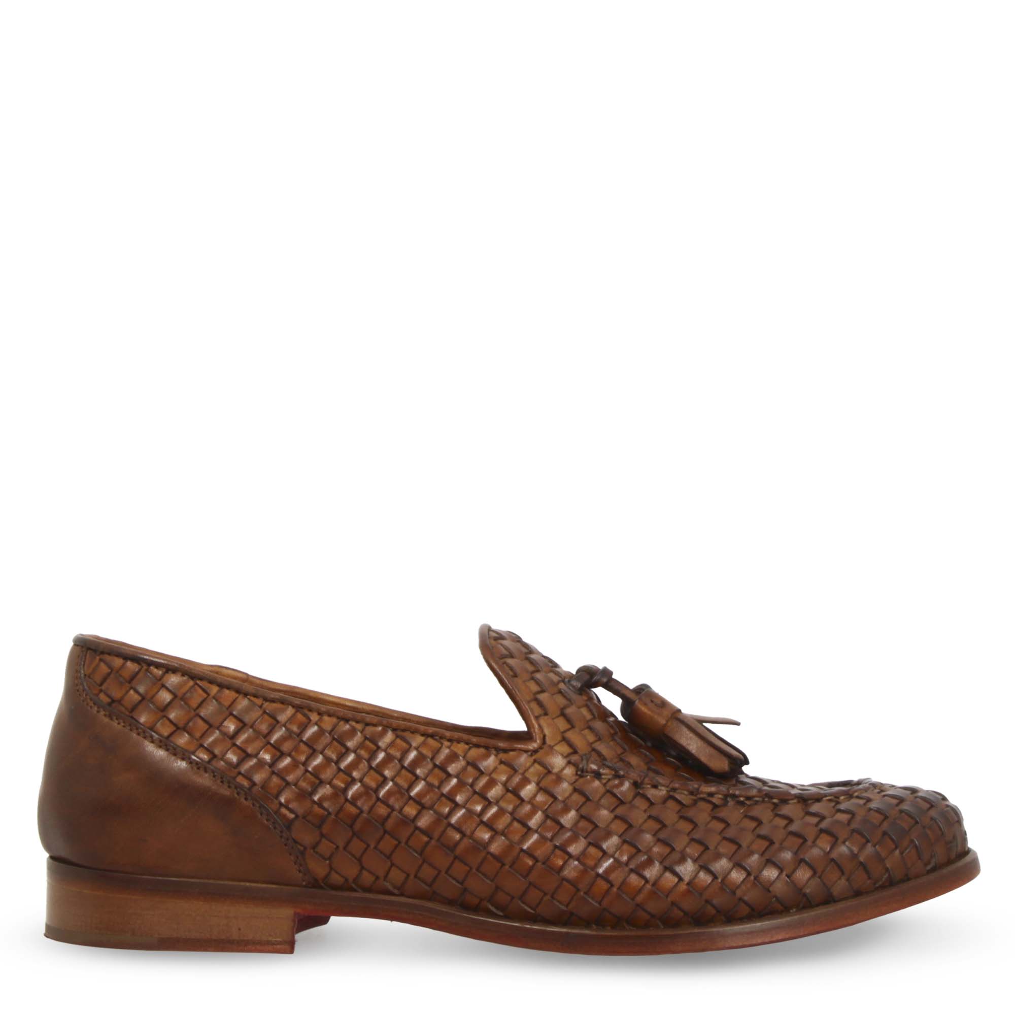 Handmade Women's Brown Woven Leather Tassel Loafers