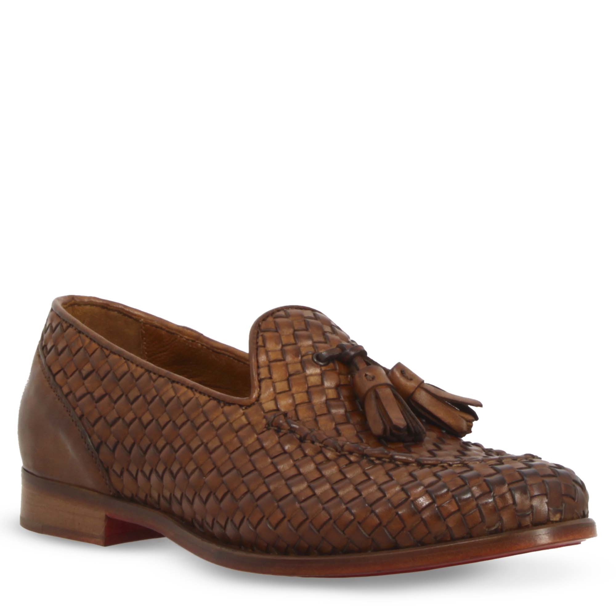 Handmade Women's Brown Woven Leather Tassel Loafers