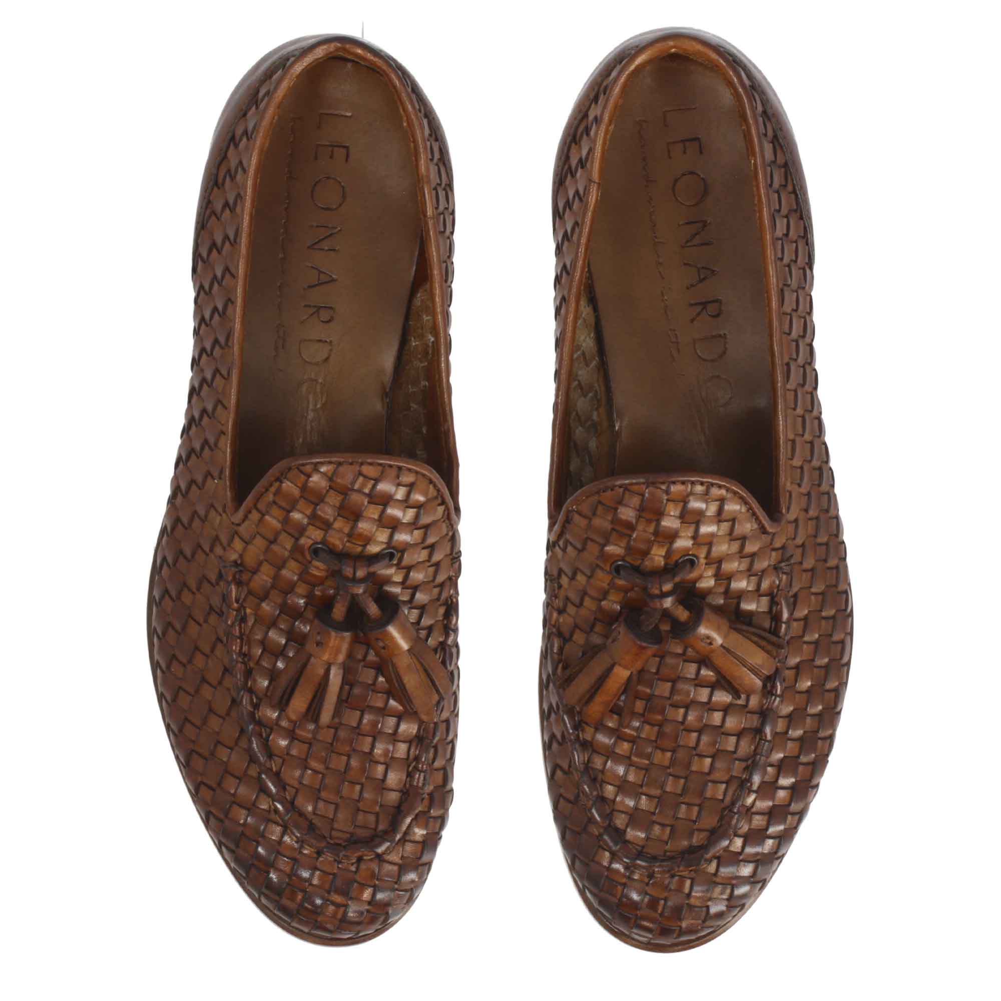 Handmade Women's Brown Woven Leather Tassel Loafers