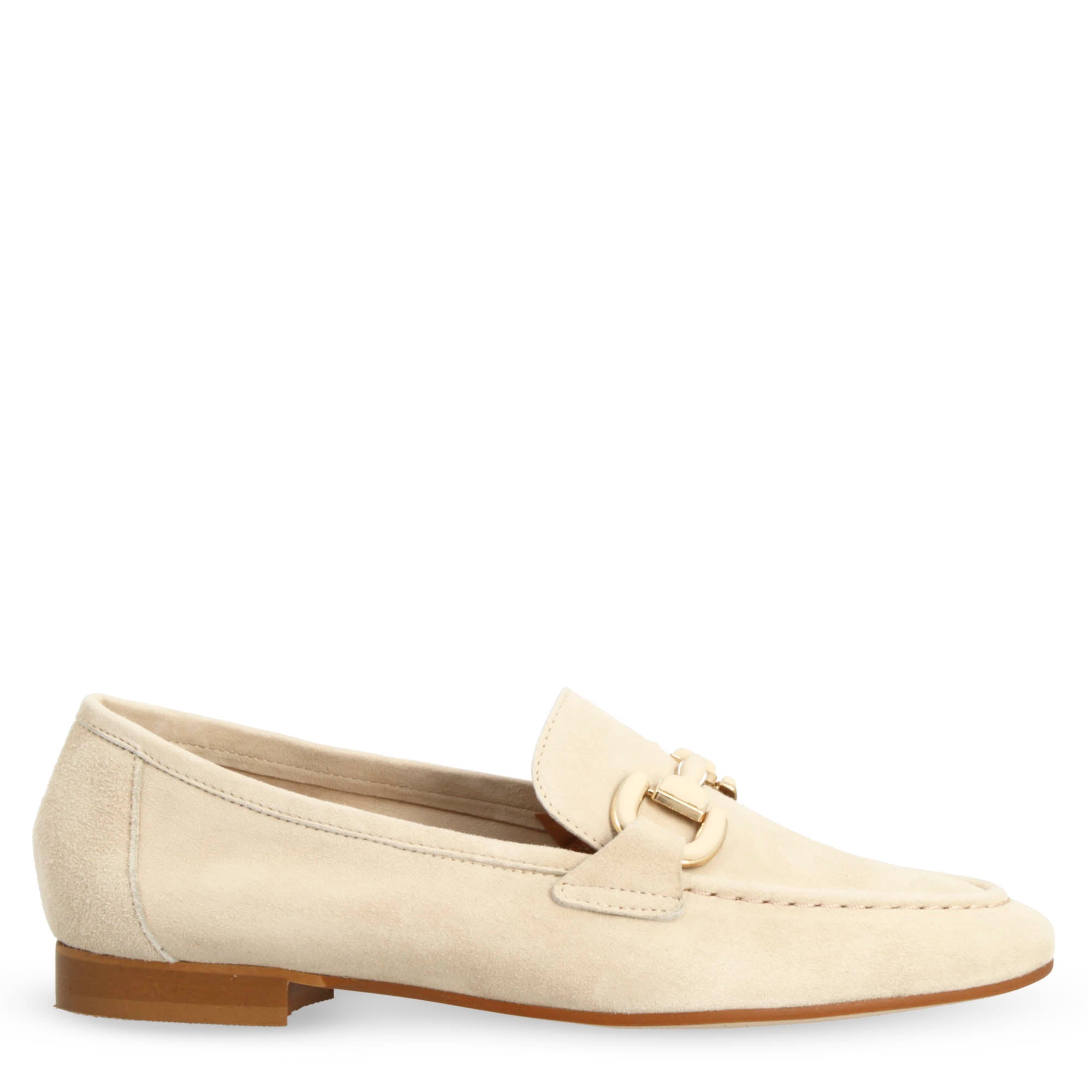 Mocassino artigianale da donna in pelle scamosciata beige