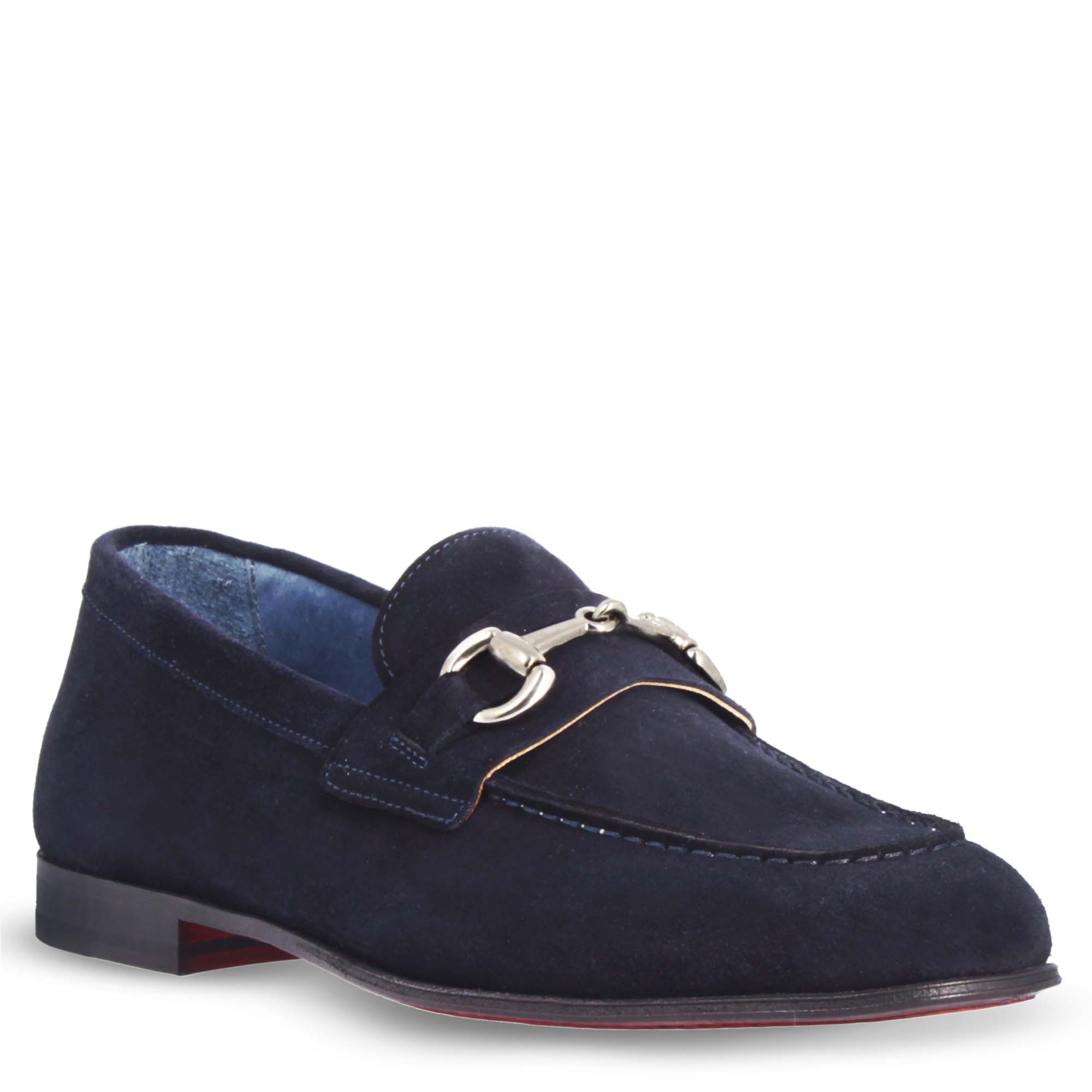 Handmade blue suede men's loafer with buckle