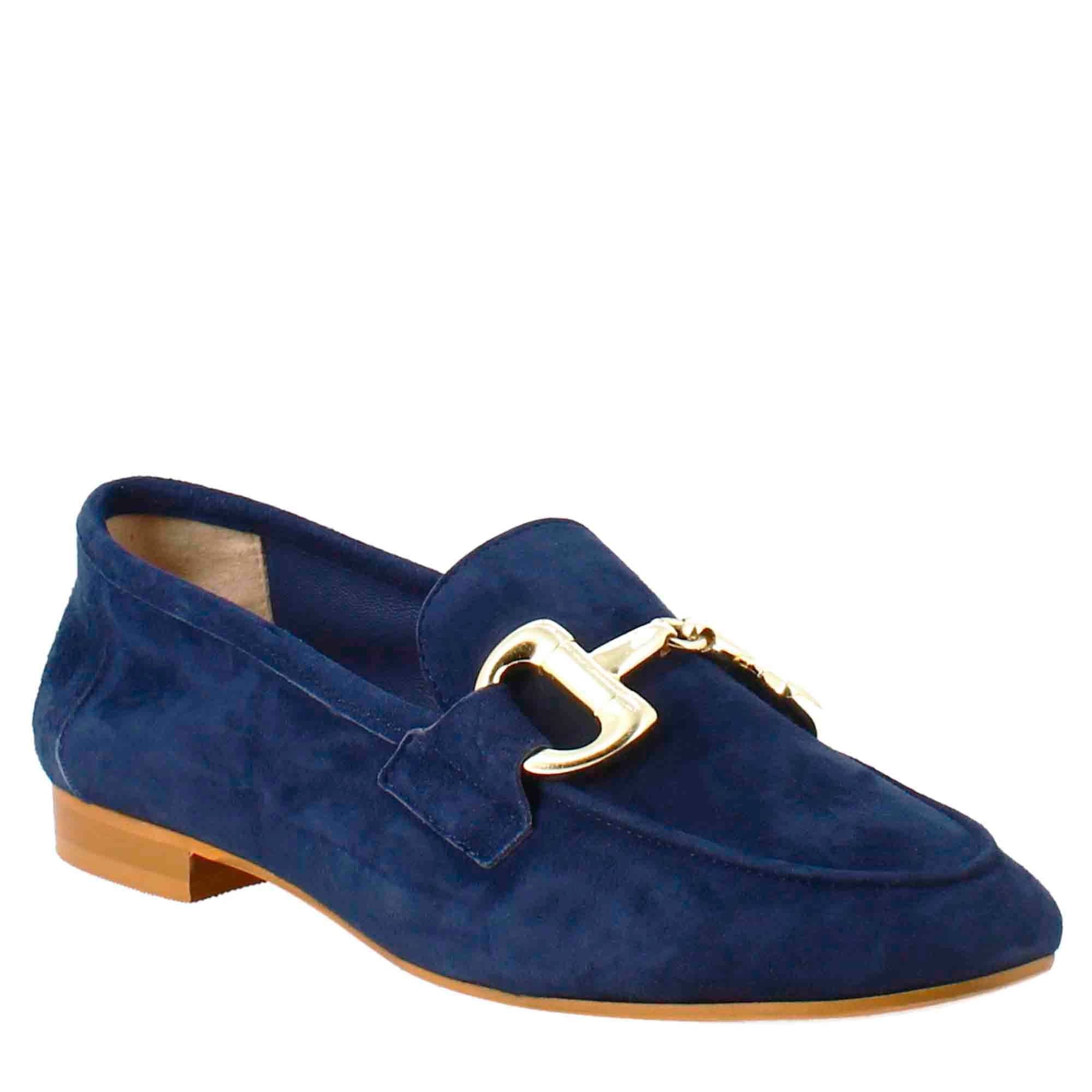 Women's moccasin in blue suede with gold buckle