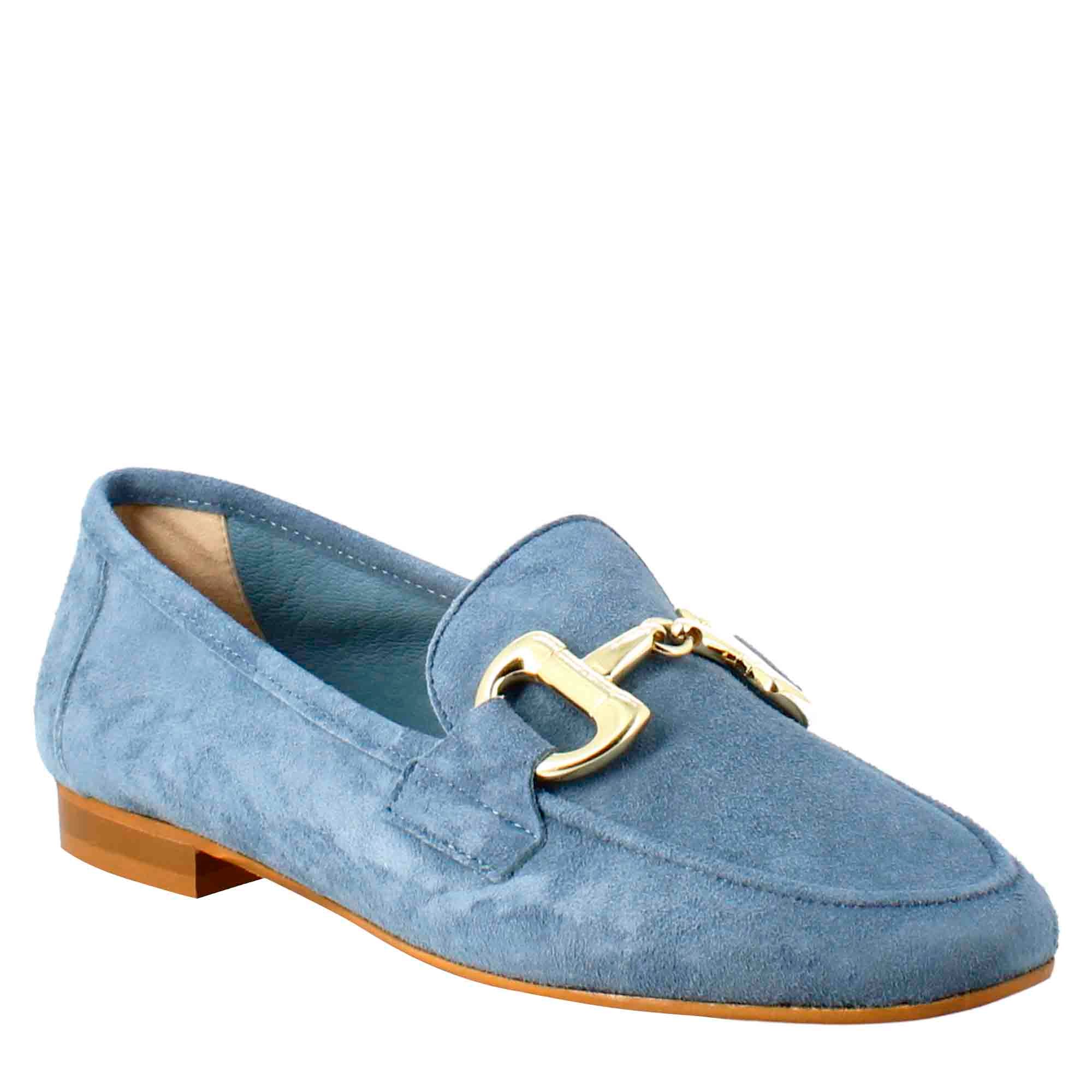 Women's moccasin in light blue suede with gold buckle