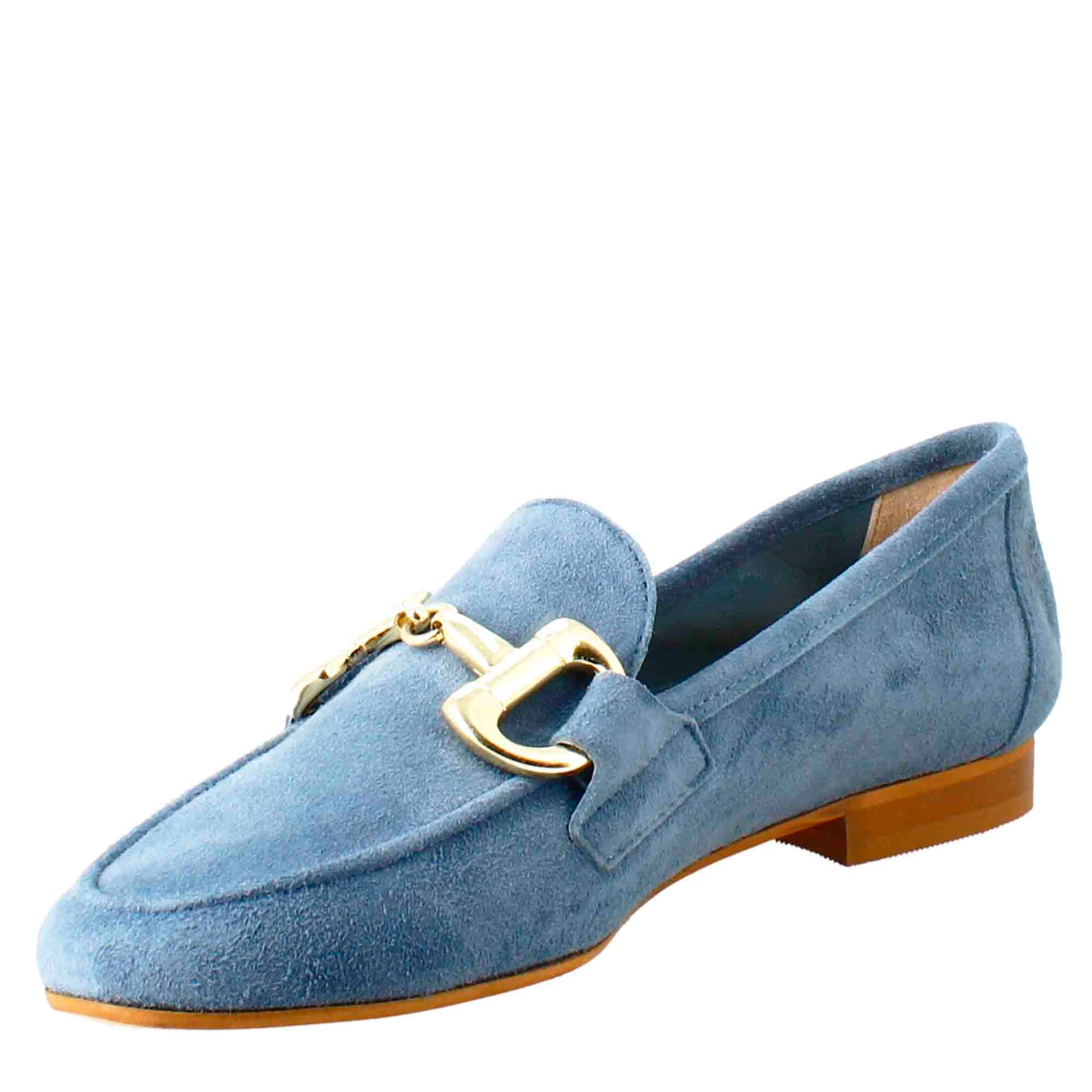 Women's moccasin in light blue suede with gold buckle