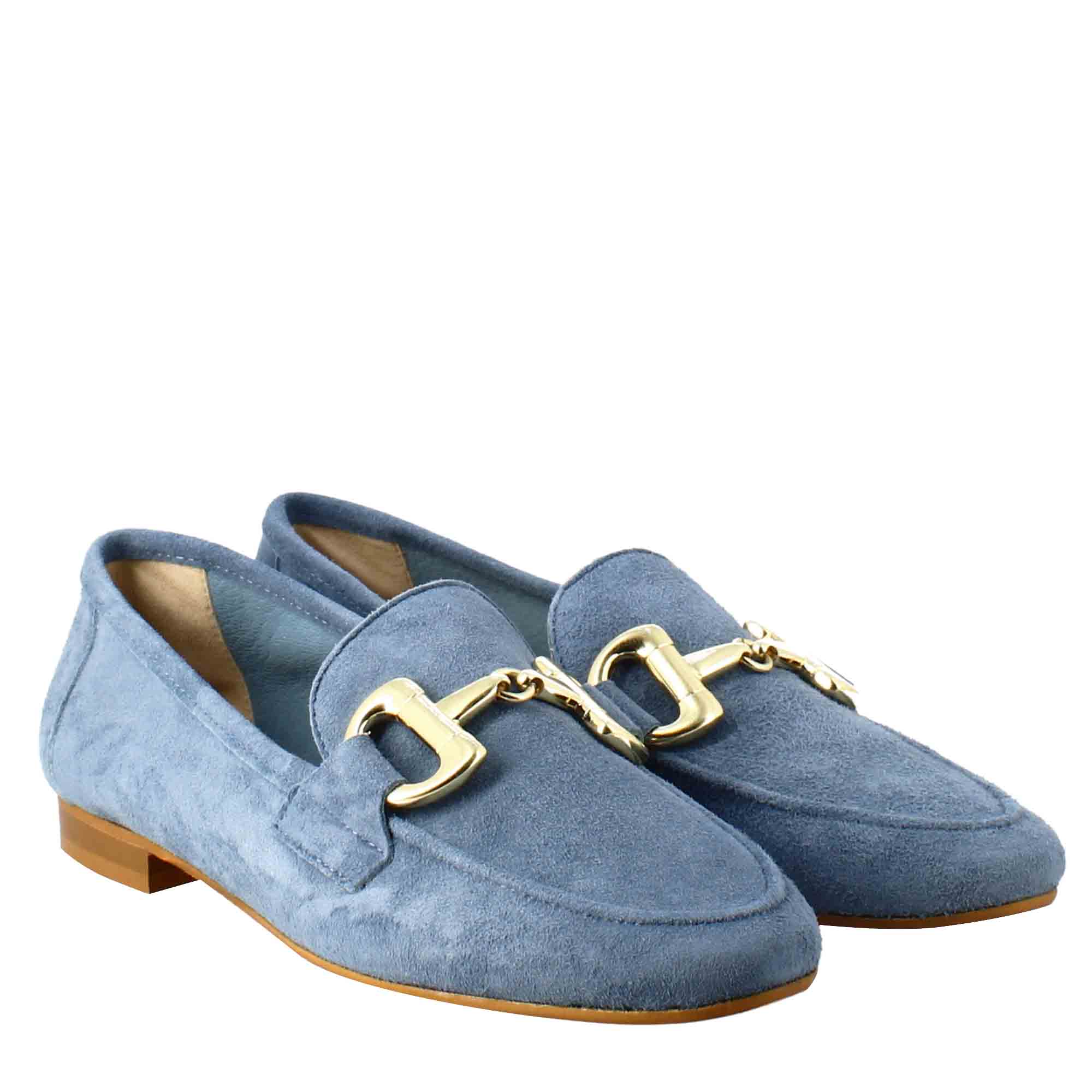 Women's moccasin in light blue suede with gold buckle