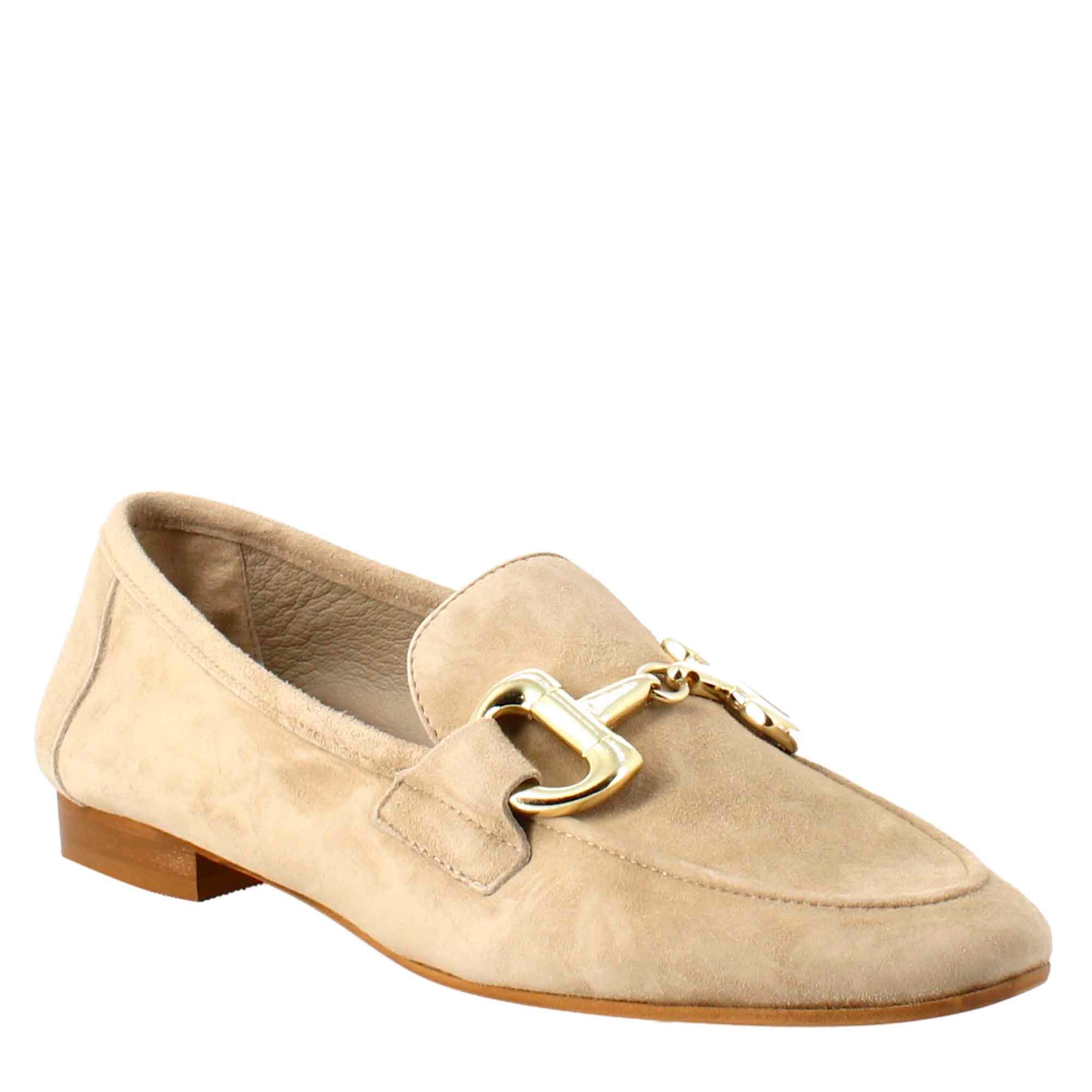 Women's moccasin in taupe suede with gold buckle