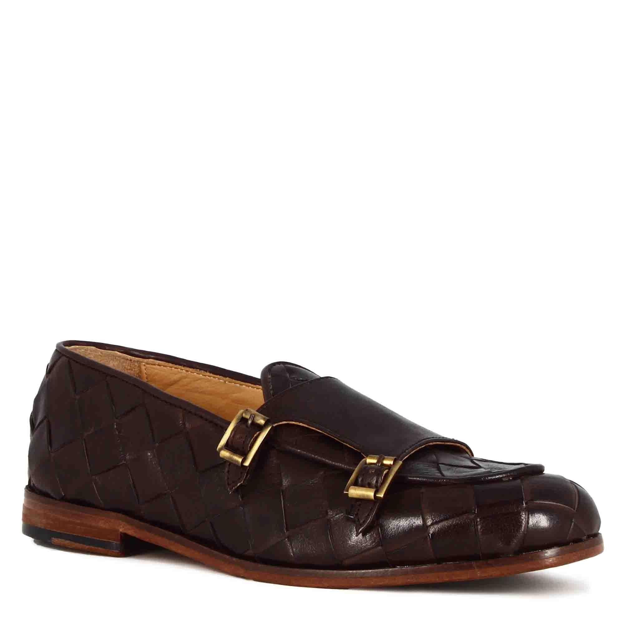 Dark brown moccasin with double golden buckle for men in woven leather