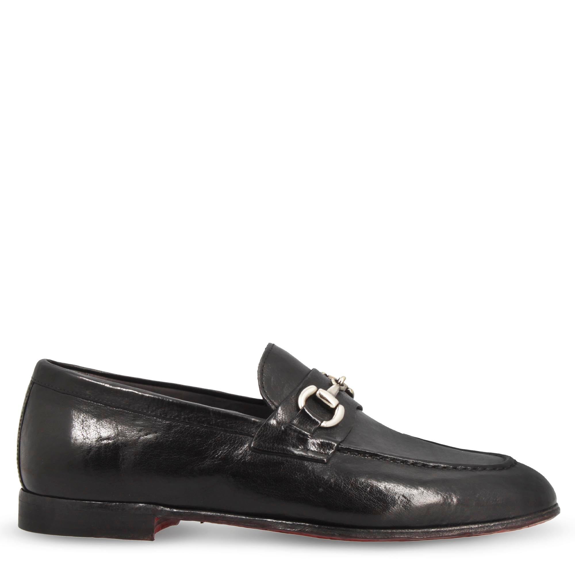 Men's handmade black loafer with buckle in fine leather