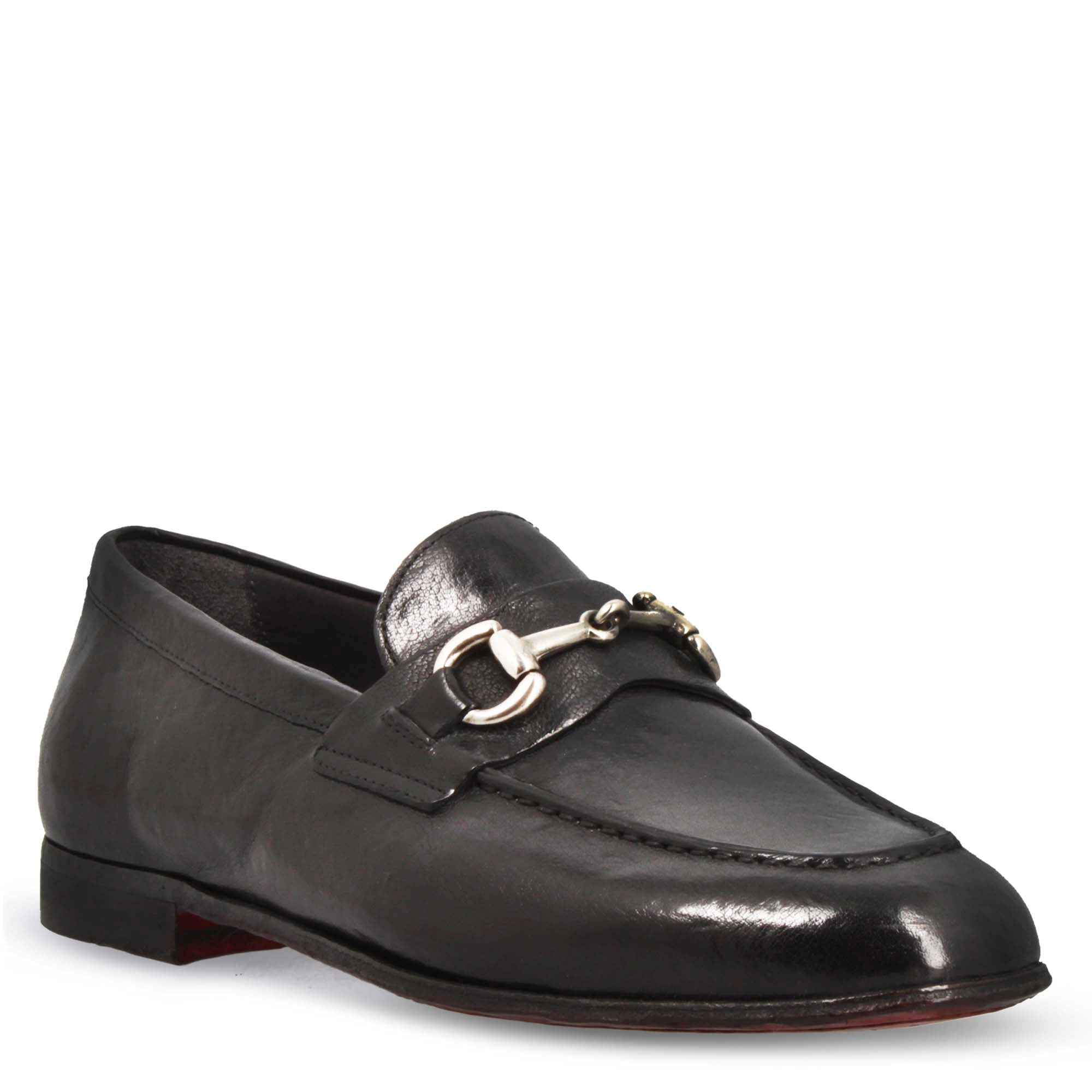 Men's handmade black loafer with buckle in fine leather