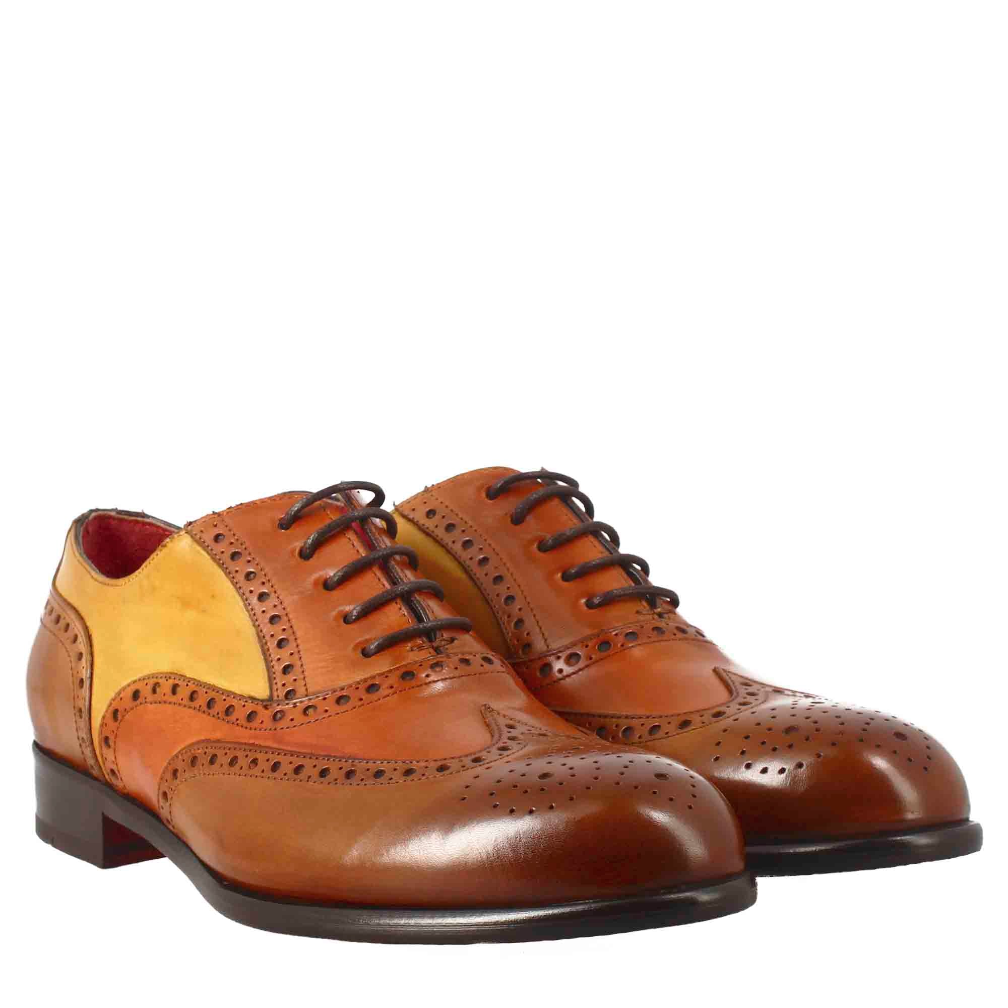 Oxford brogue marrone arancio e giallo elegante da uomo in pelle