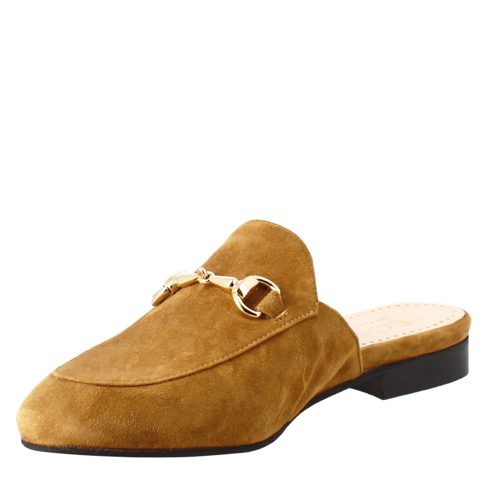 Women's mules in light brown suede with gold buckle