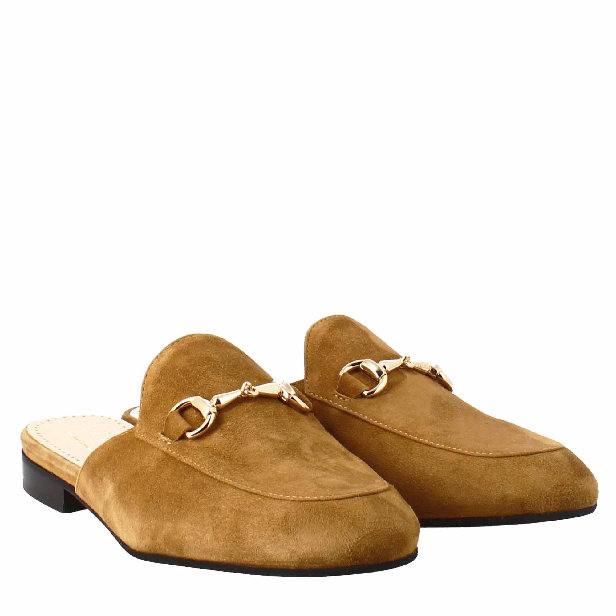 Women's mules in light brown suede with gold buckle