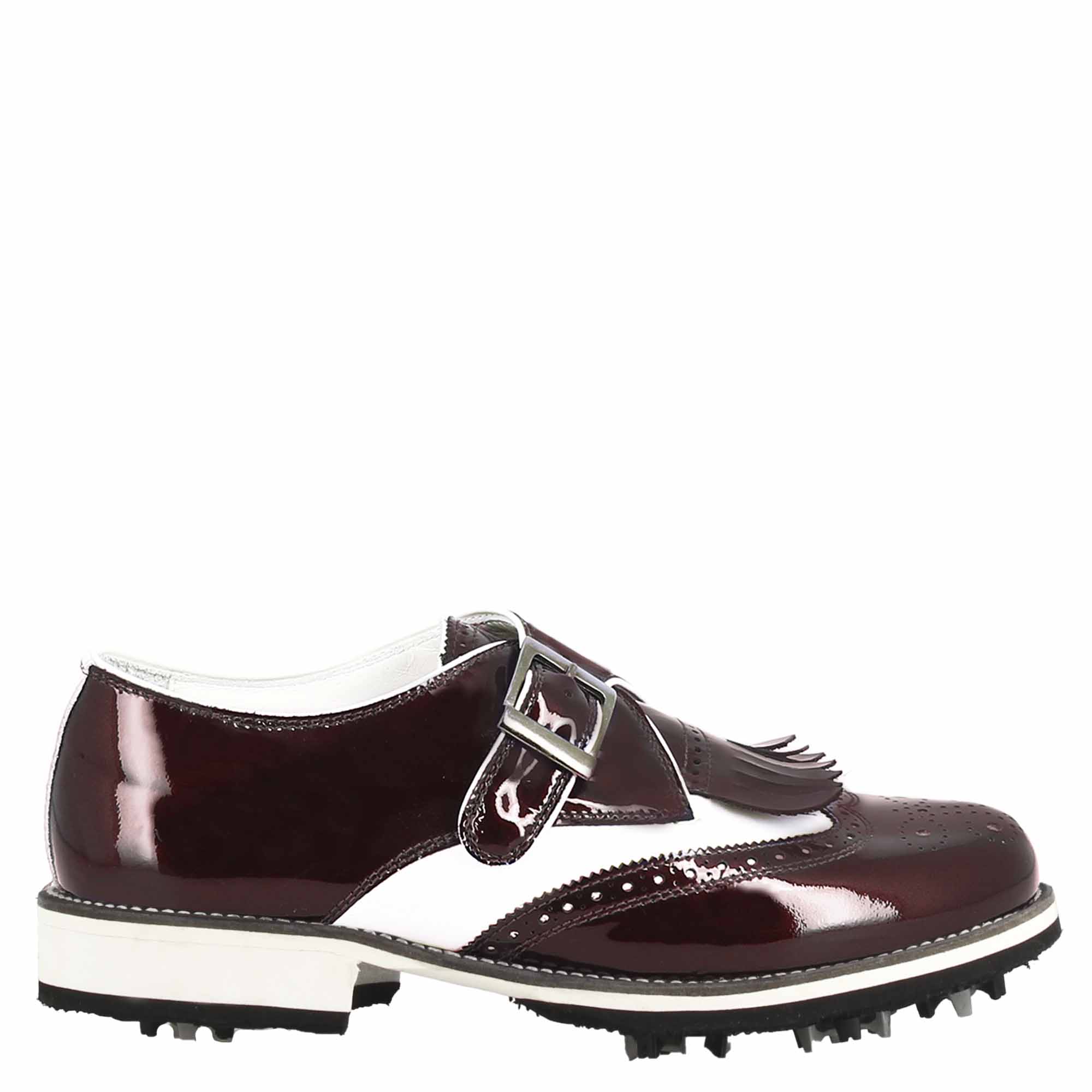 Scarpe con fibbia da golf in pelle bianca e vernice bordeaux