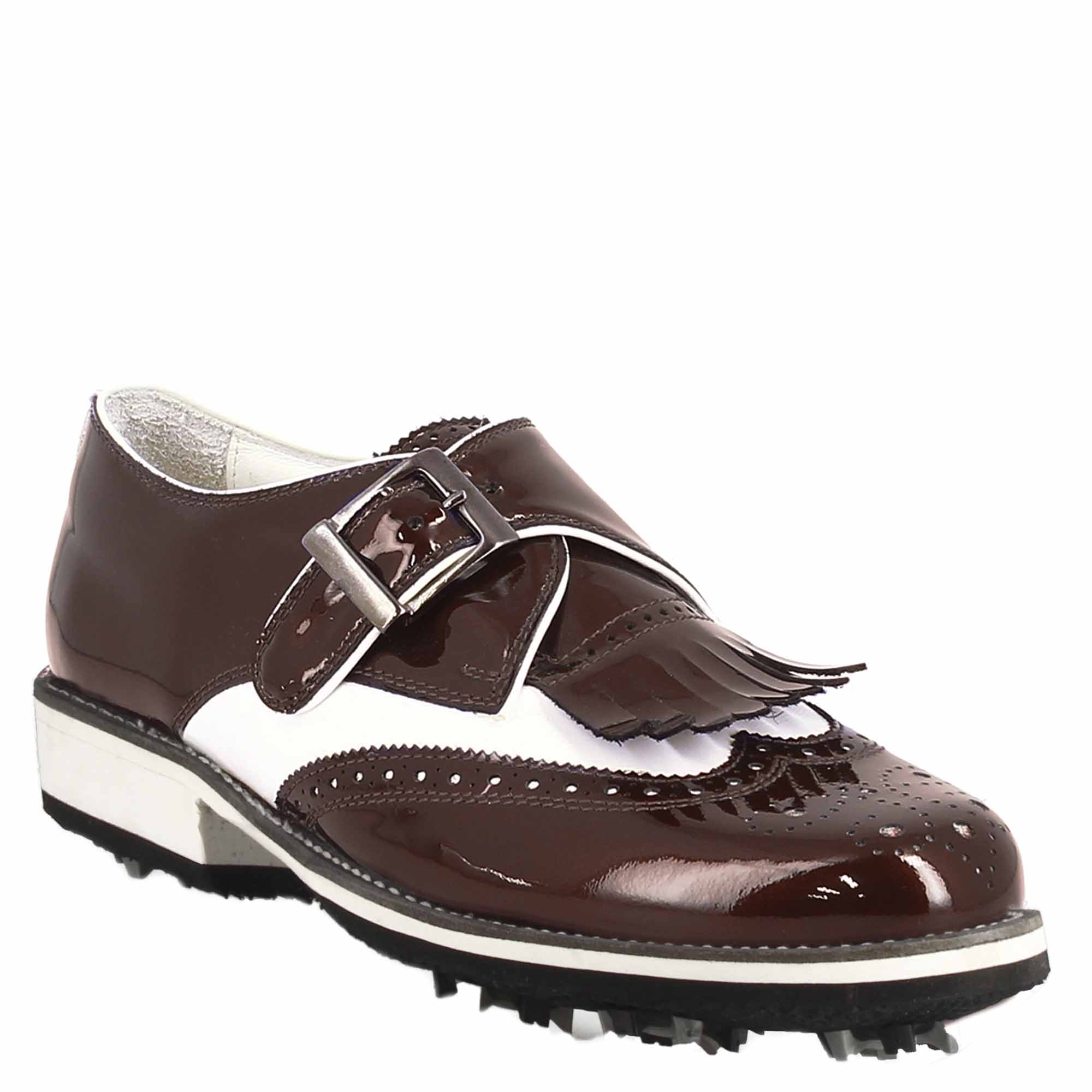 White leather and bordeaux patent leather men's golf buckle shoes