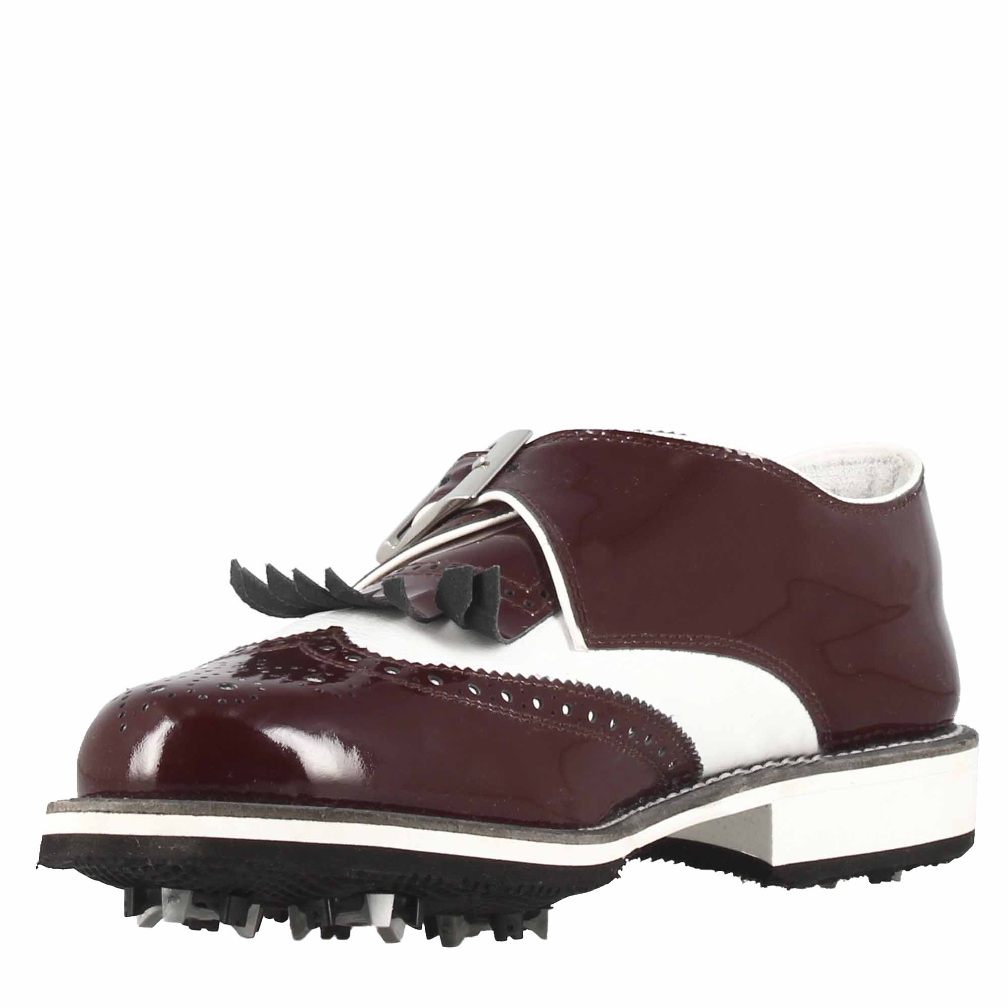 Scarpe con fibbia da golf donna in pelle bianca e vernice bordeaux