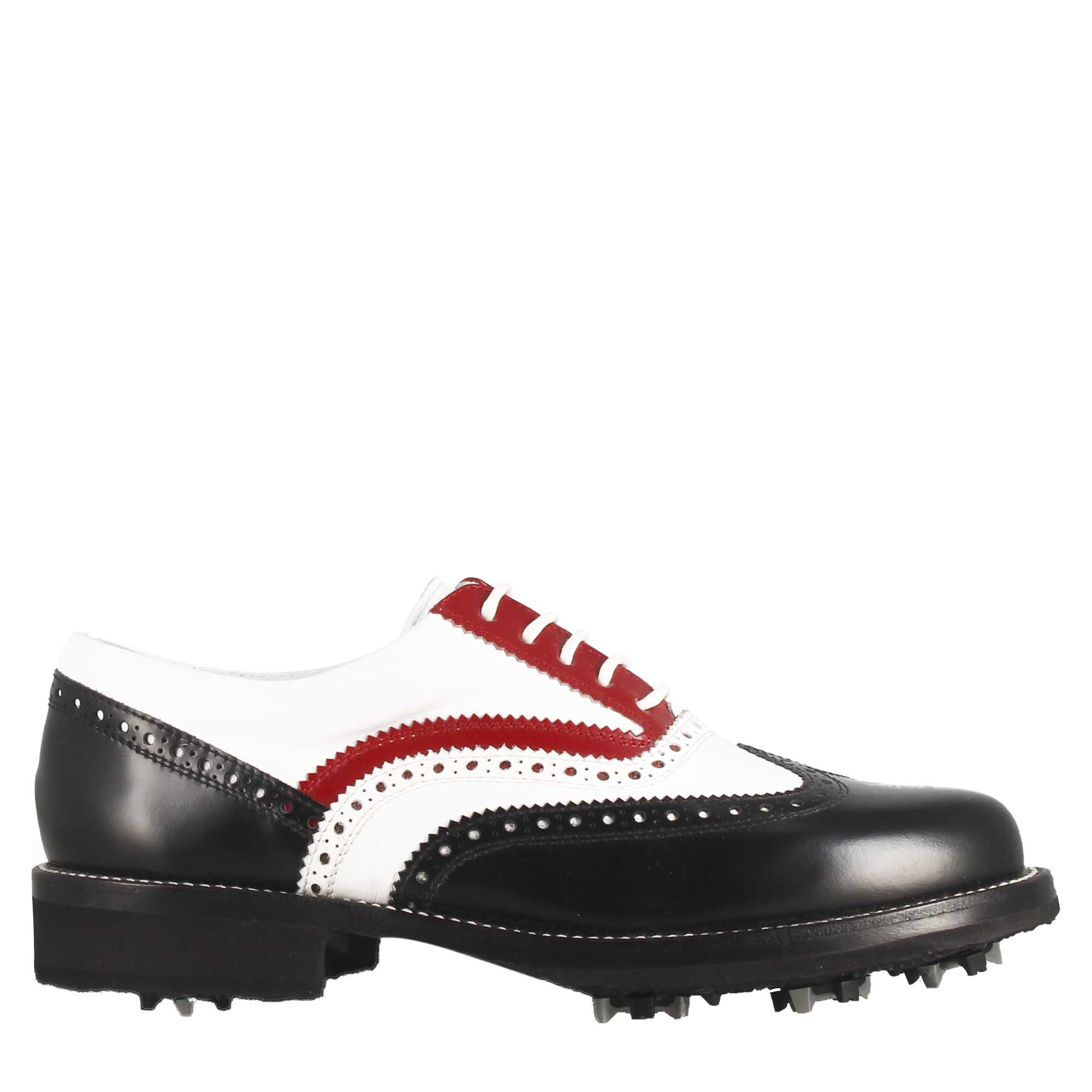 Handcrafted men's golf shoes in black white red full-grain leather