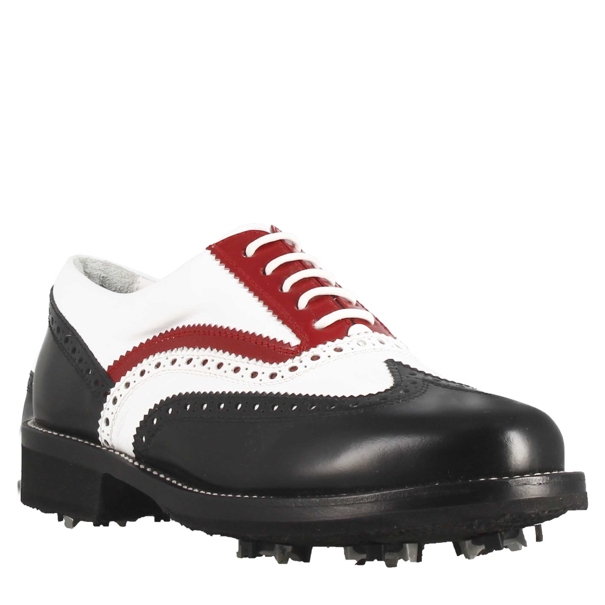 Handcrafted men's golf shoes in black white red full-grain leather