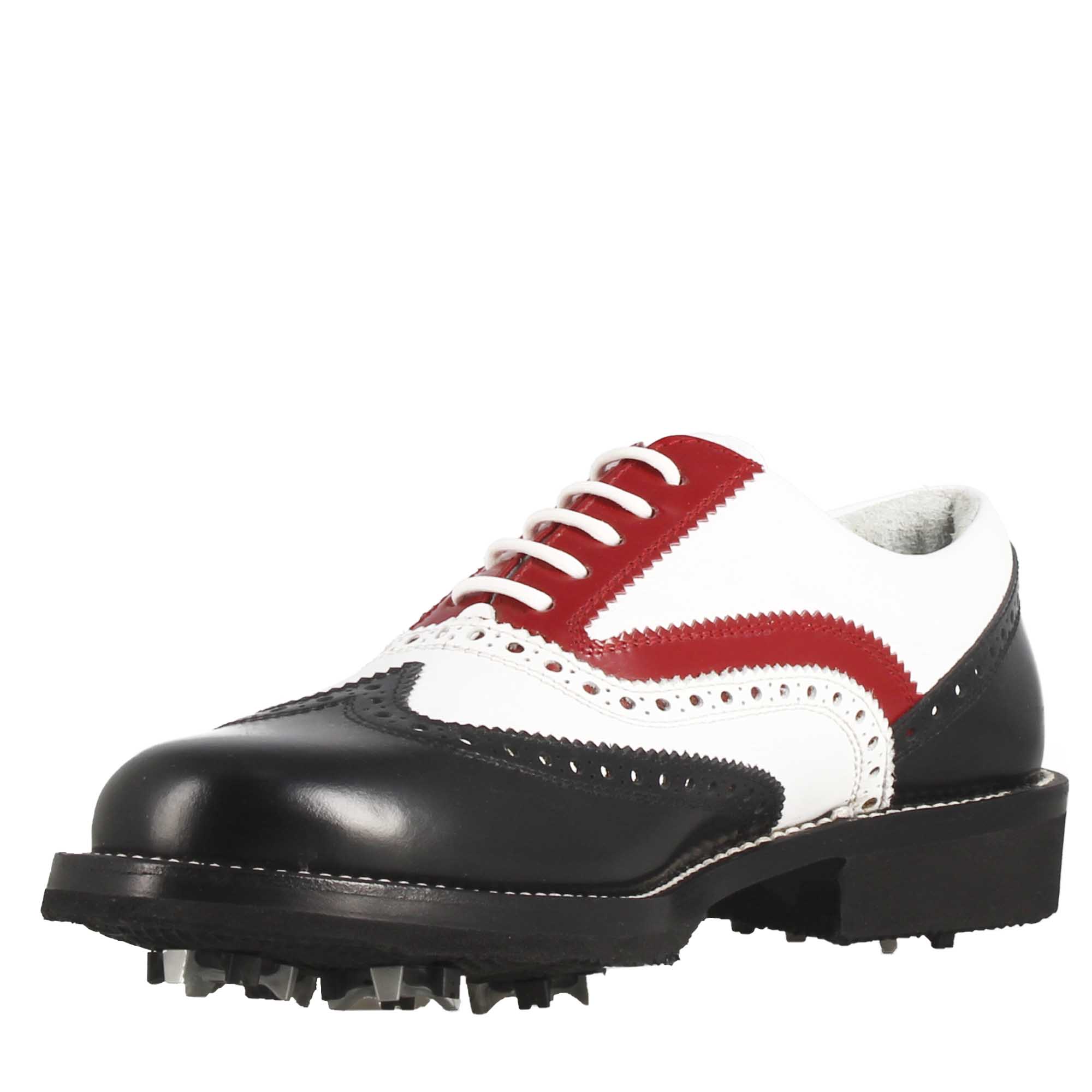 Chaussures de golf pour homme fabriquées à la main en cuir pleine fleur noir blanc rouge