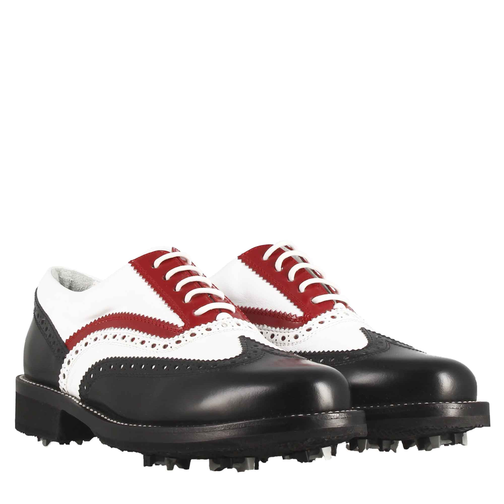 Chaussures de golf pour homme fabriquées à la main en cuir pleine fleur noir blanc rouge