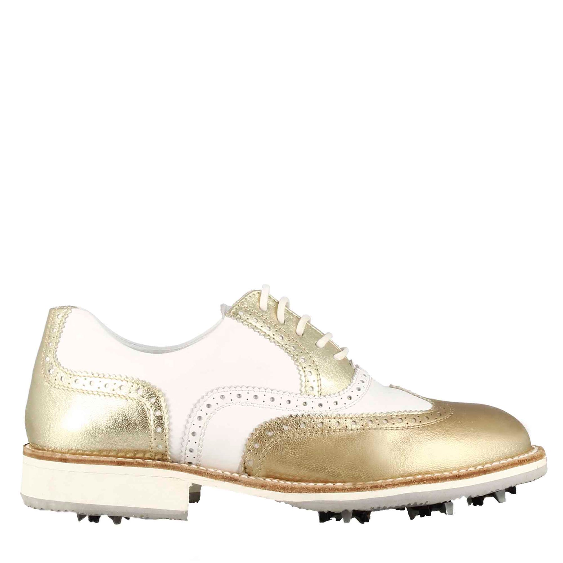 Chaussures de golf pour femmes fabriquées à la main en cuir blanc avec détails dorés