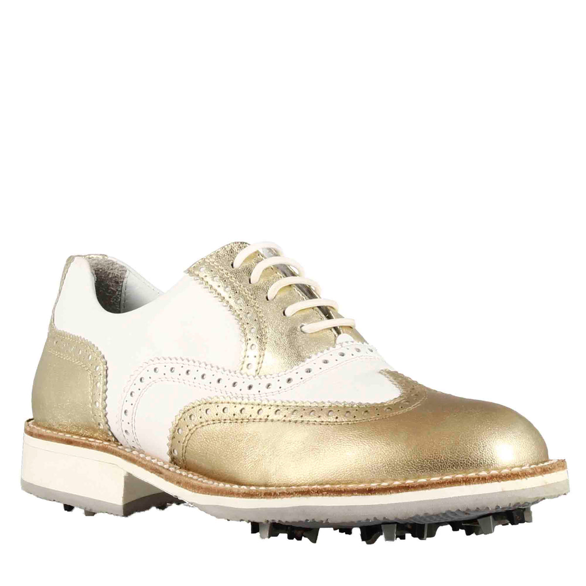 Chaussures de golf pour hommes fabriquées à la main en cuir blanc avec détails dorés