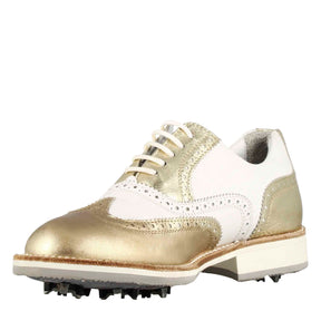 Chaussures de golf pour femmes fabriquées à la main en cuir blanc avec détails dorés