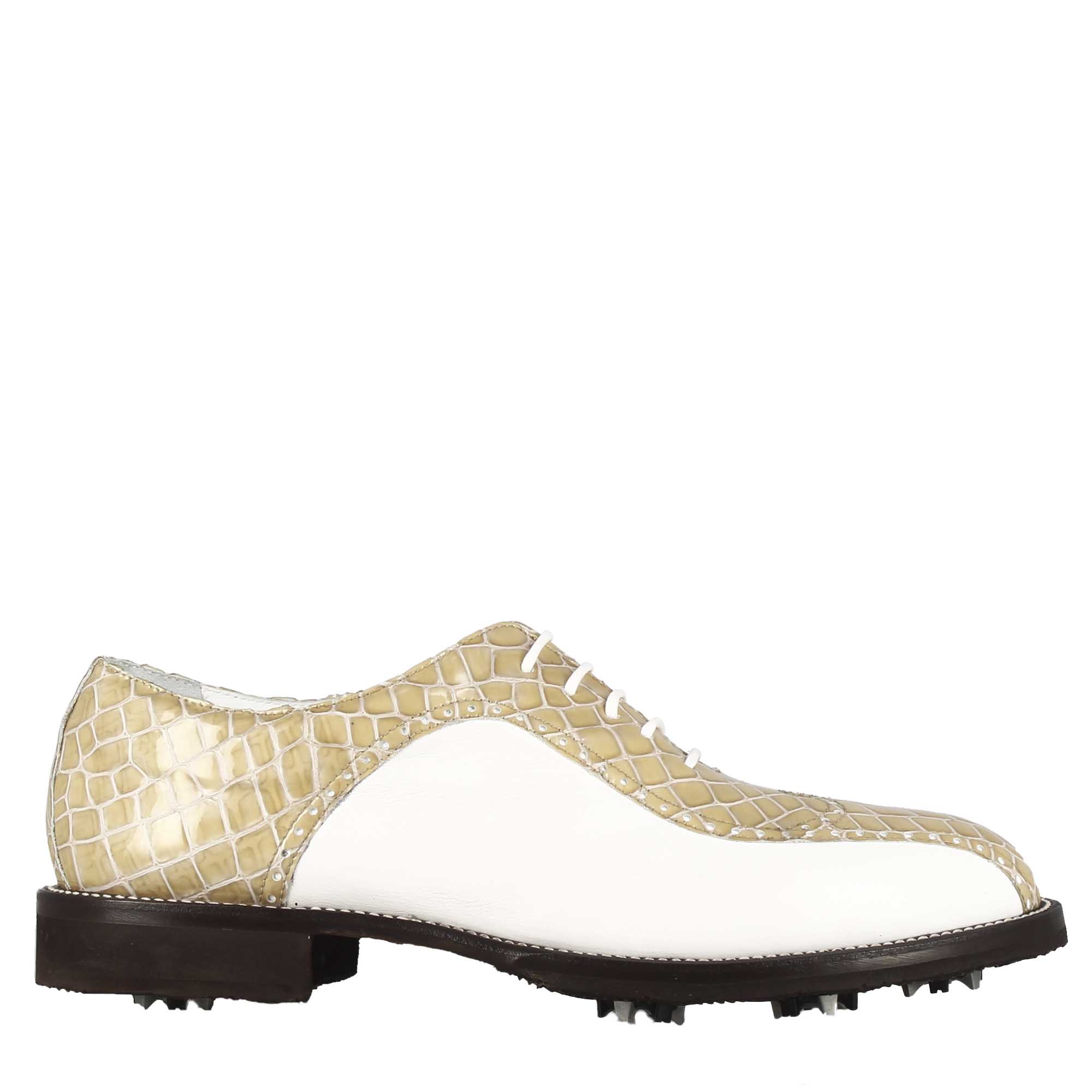 Scarpe da golf in pelle bicolore bianca e beige con stampa cocco