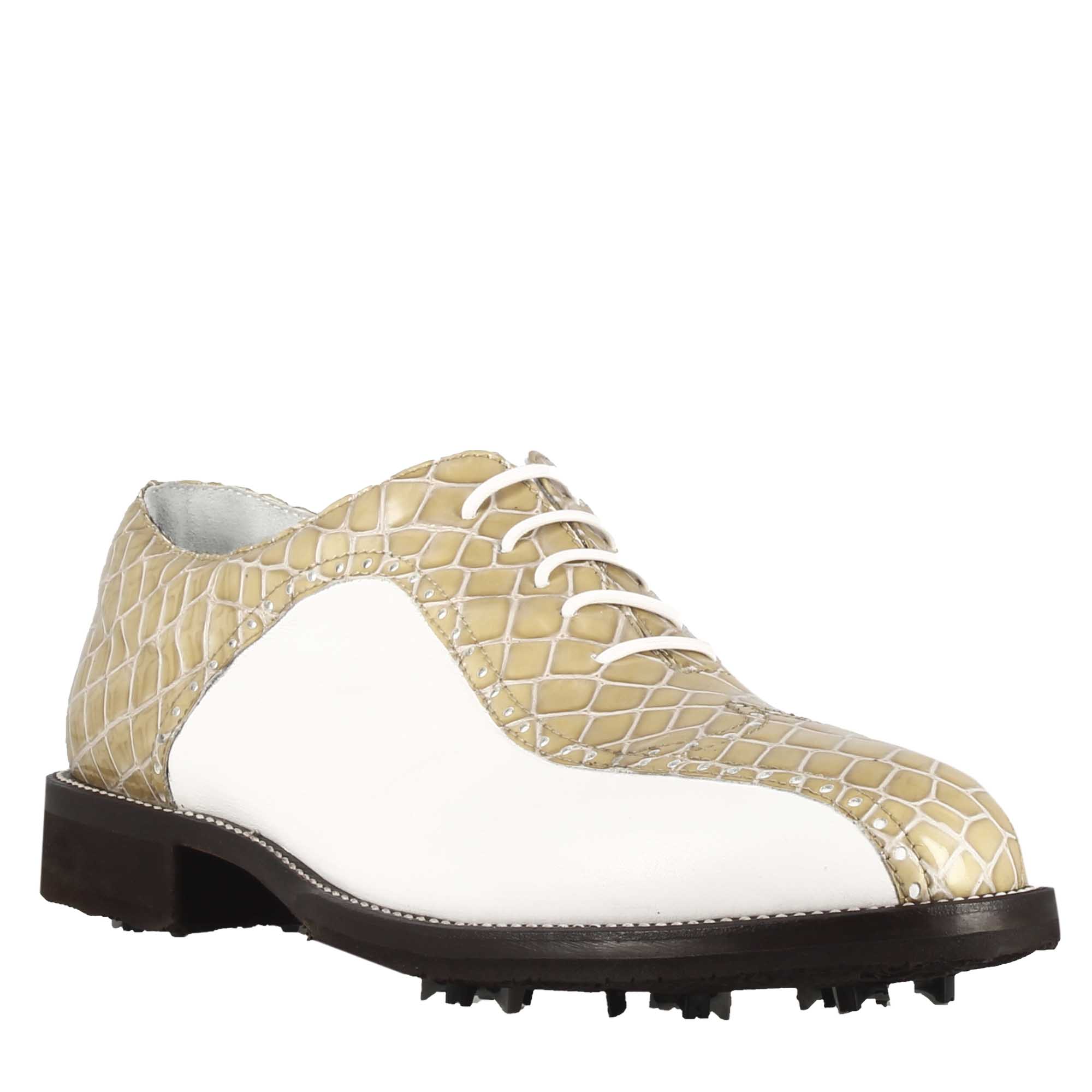 Man's golf shoes in white and beige two-tone leather with crocodile print