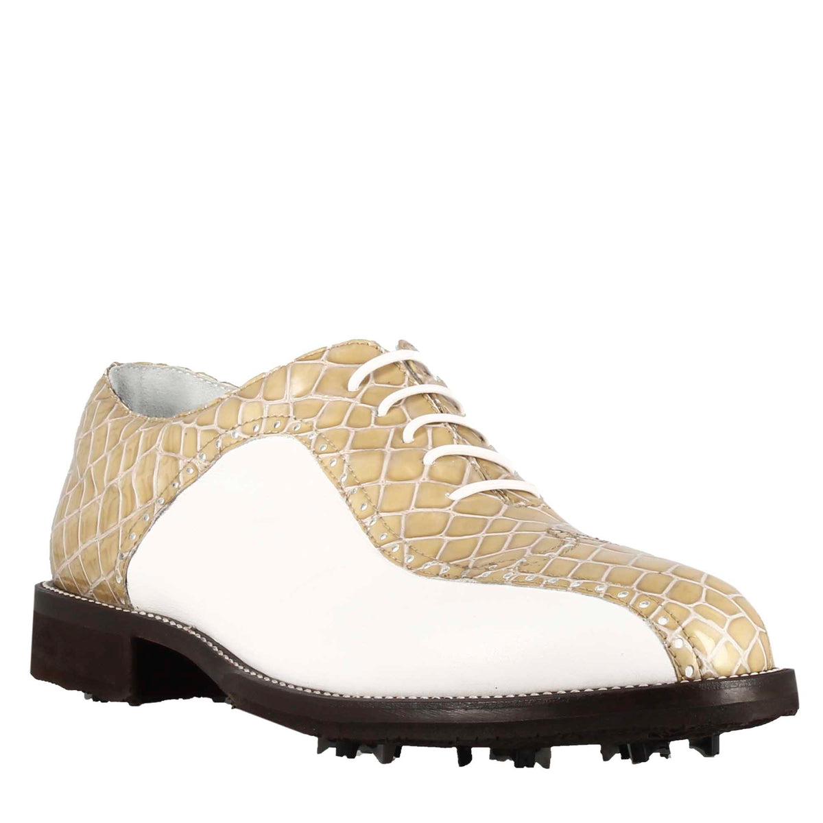 Chaussures de golf pour homme en cuir bicolore blanc et beige imprimé crocodile