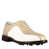 Man's golf shoes in white and beige two-tone leather with crocodile print