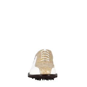 Man's golf shoes in white and beige two-tone leather with crocodile print