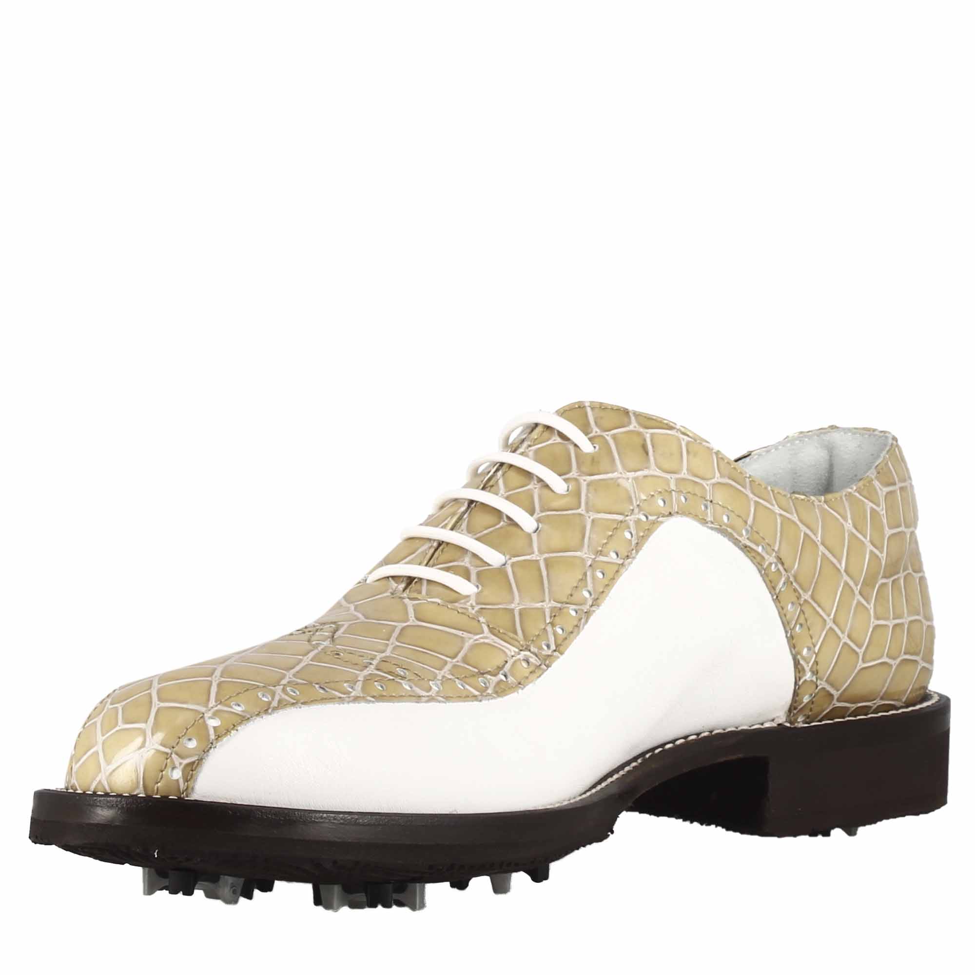 Chaussures de golf pour femme en cuir bicolore blanc et beige imprimé crocodile