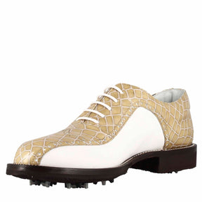Women's golf shoes in white and beige two-tone leather with crocodile print
