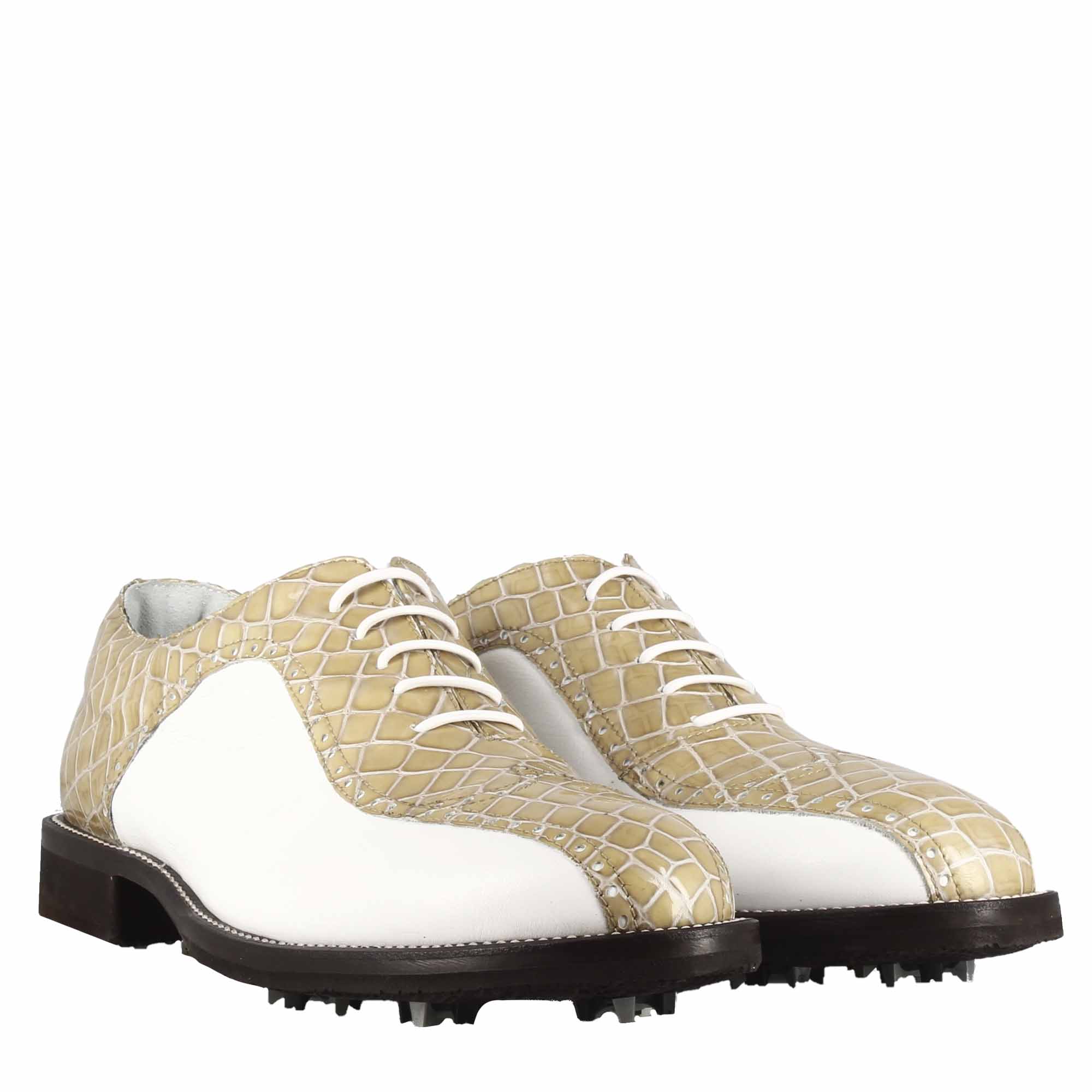 Chaussures de golf pour femme en cuir bicolore blanc et beige imprimé crocodile