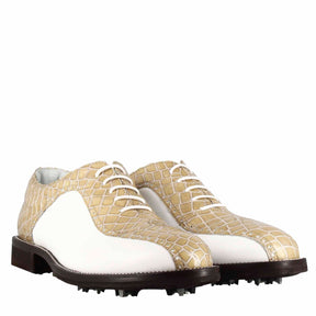 Man's golf shoes in white and beige two-tone leather with crocodile print