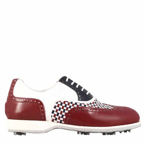Chaussures de golf pour femme fabriquées à la main en cuir blanc avec détails bleus et bordeaux