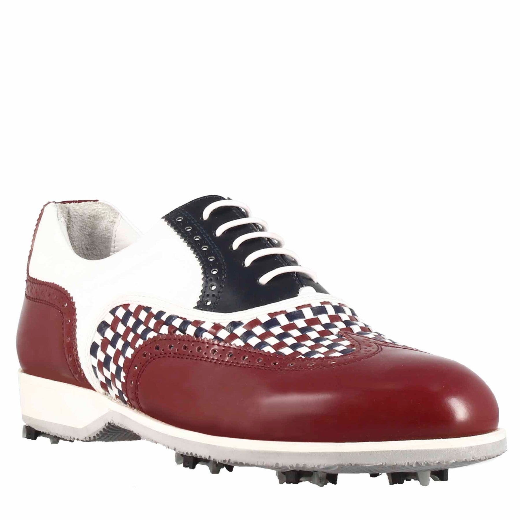 Handcrafted men's golf shoes in white leather with blue and burgundy details