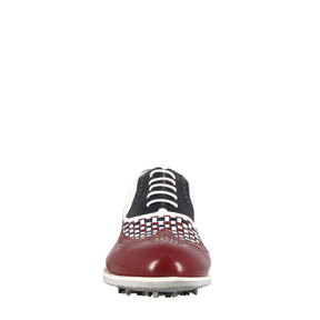 Handcrafted men's golf shoes in white leather with blue and burgundy details