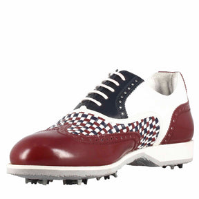 Handcrafted men's golf shoes in white leather with blue and burgundy details